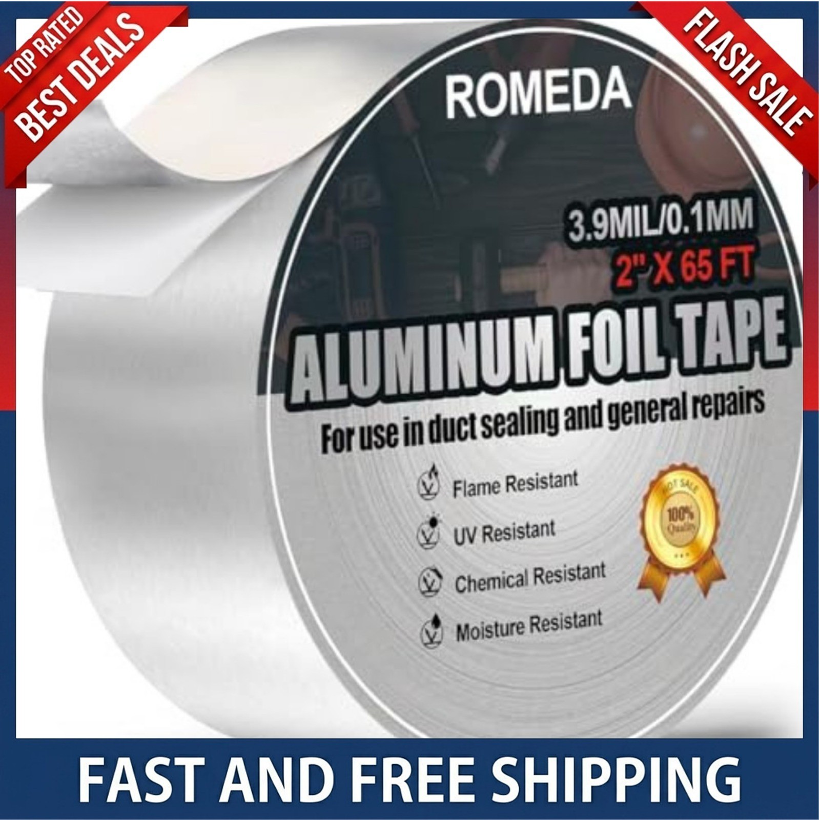 Aluminum Foil Tape 2″ x 65ft | 3.9 Mil High-Temp HVAC Tape for Ductwork & Vents