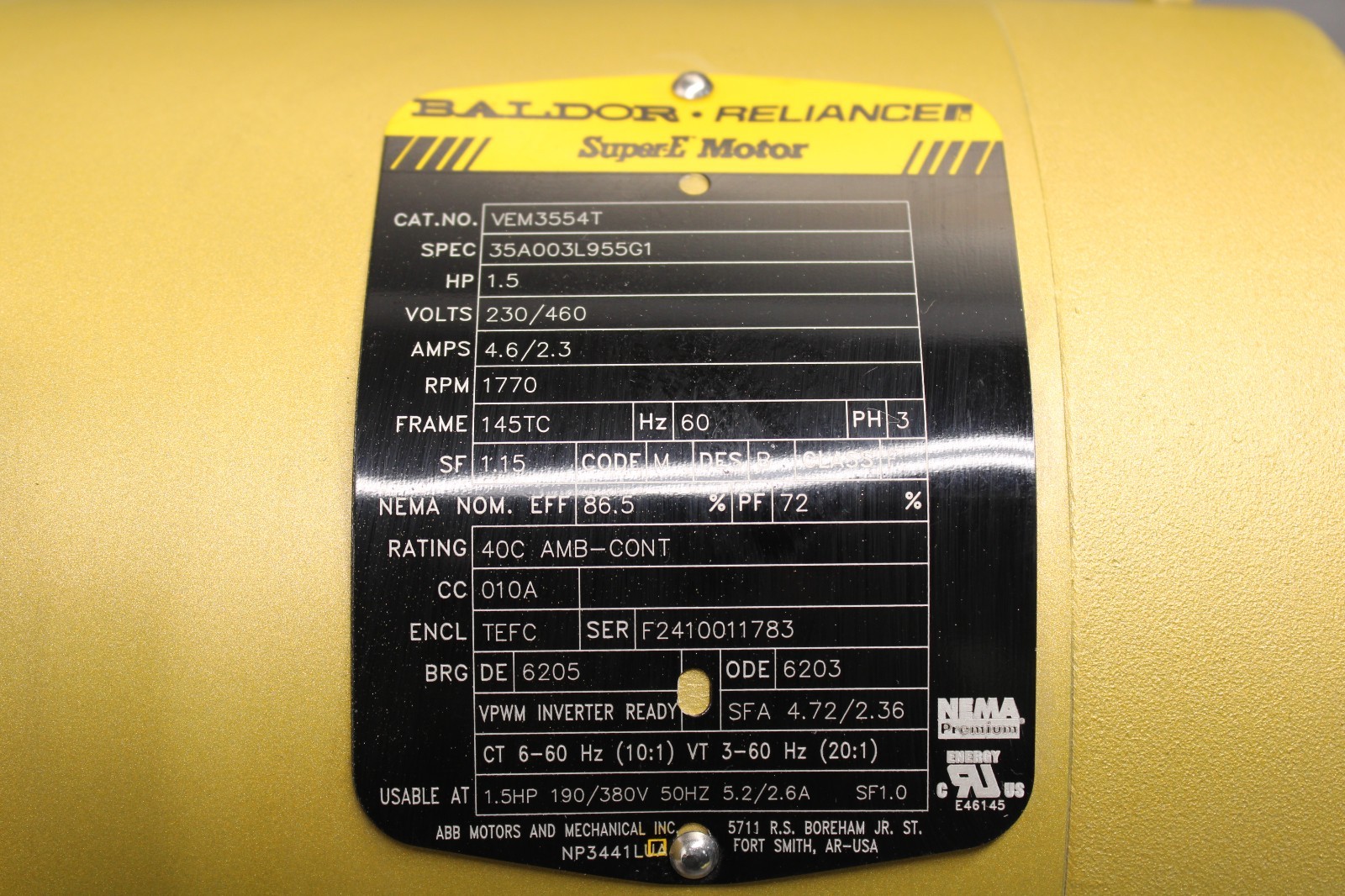 Baldor VEM3554T Motor HP 1.5 RPM 1770 PH 3