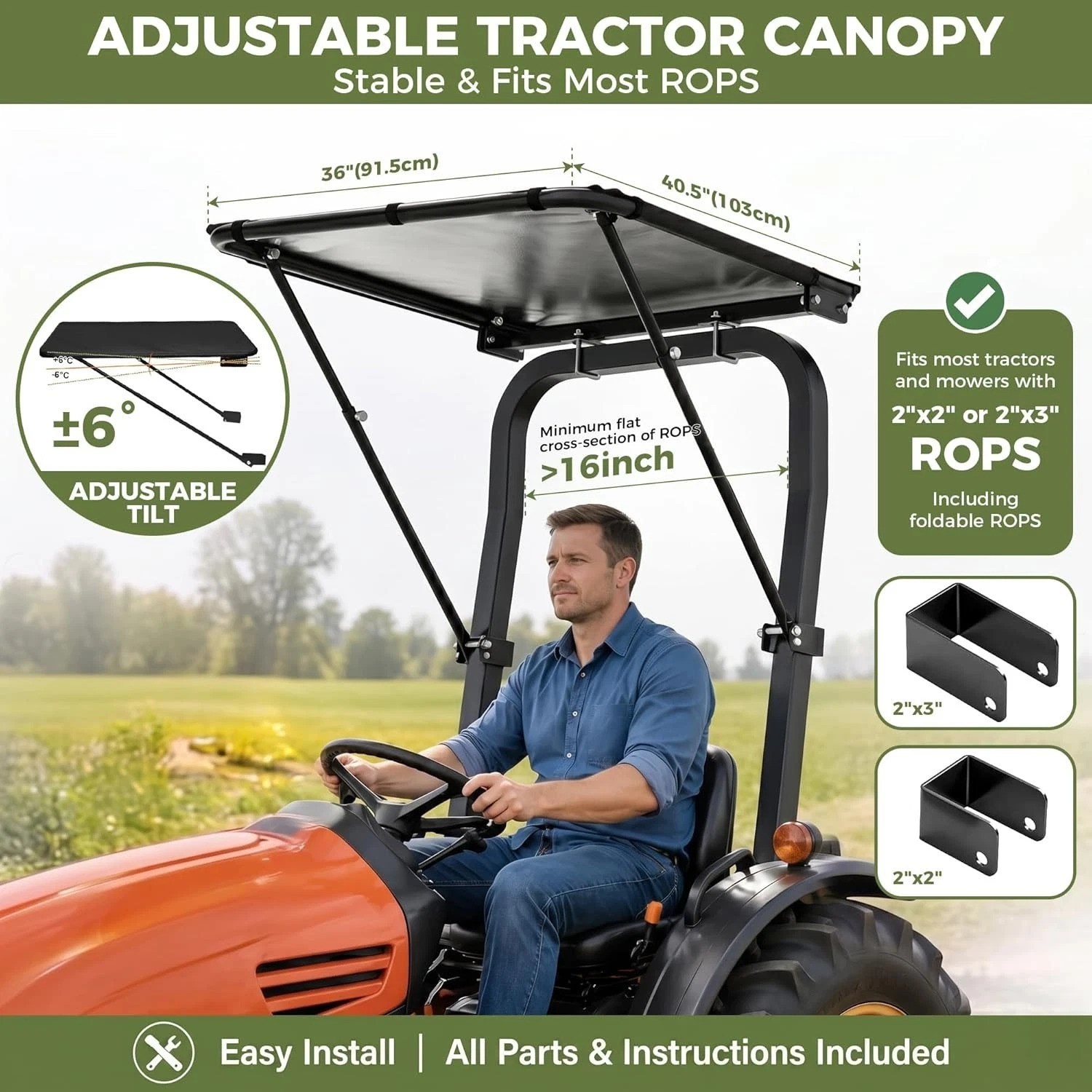 Universal Lawn Mower Canopy – 95% Sun Blocking & Wind Resistant for ROPS Frames