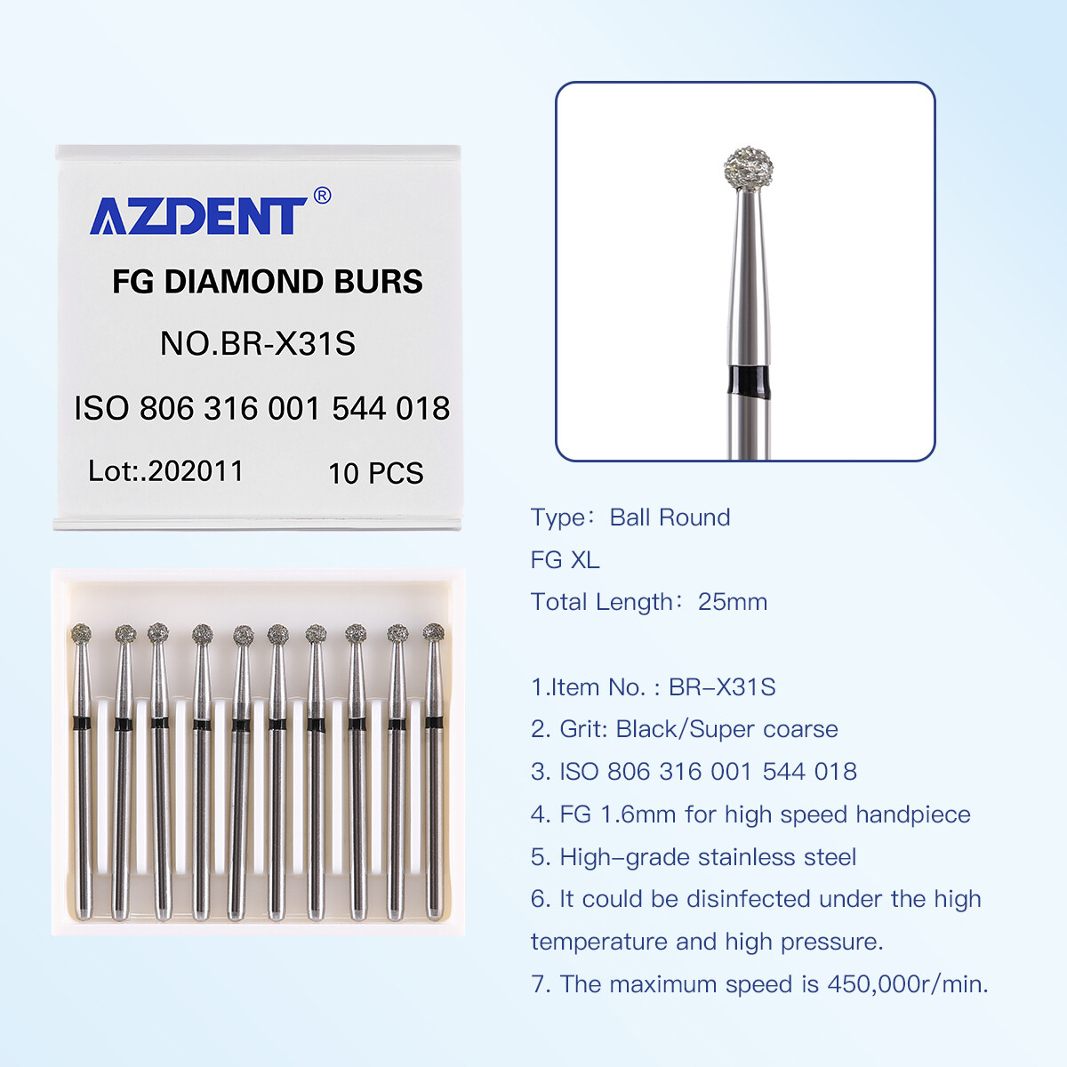 10Pcs AZDENT Dental Diamond Burs Ball Round For High Speed Handpiece FG 1.6mm