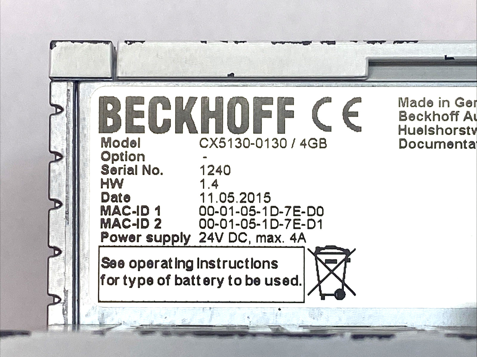 Beckhoff CX5130-0130/4GB CPU Module 24VDC 4A 4GB