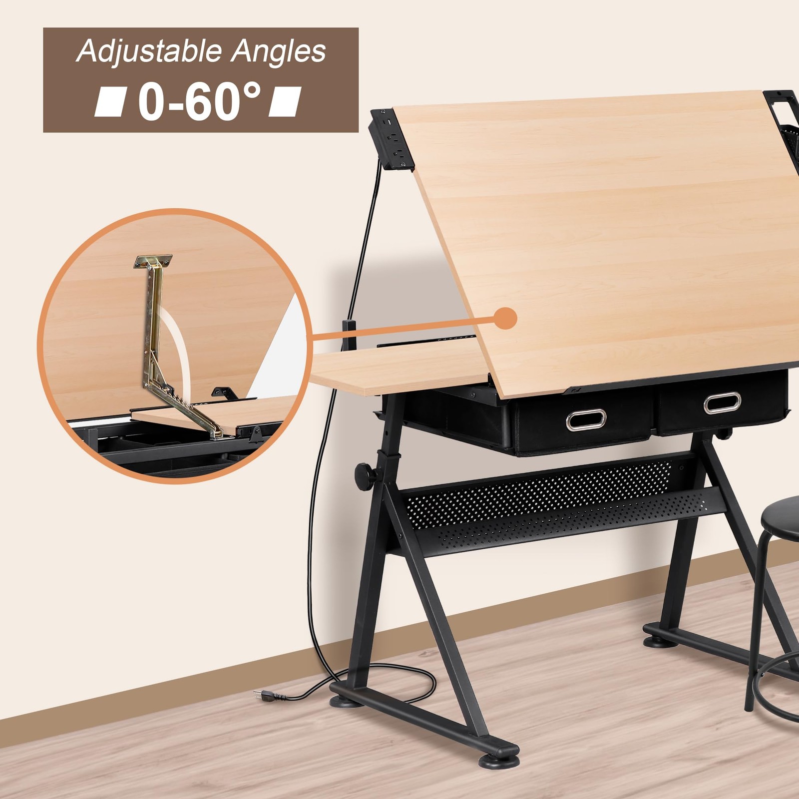 Adjustable Drafting Table with Stool Tilting Drawing Desk Storage Drawers