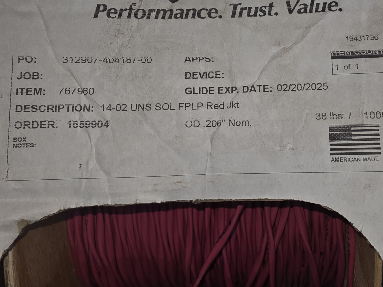 Fire Alarm Cable 14/2 FPLP Plenum Rated Solid Copper Red Approx 700 Ft Free Ship