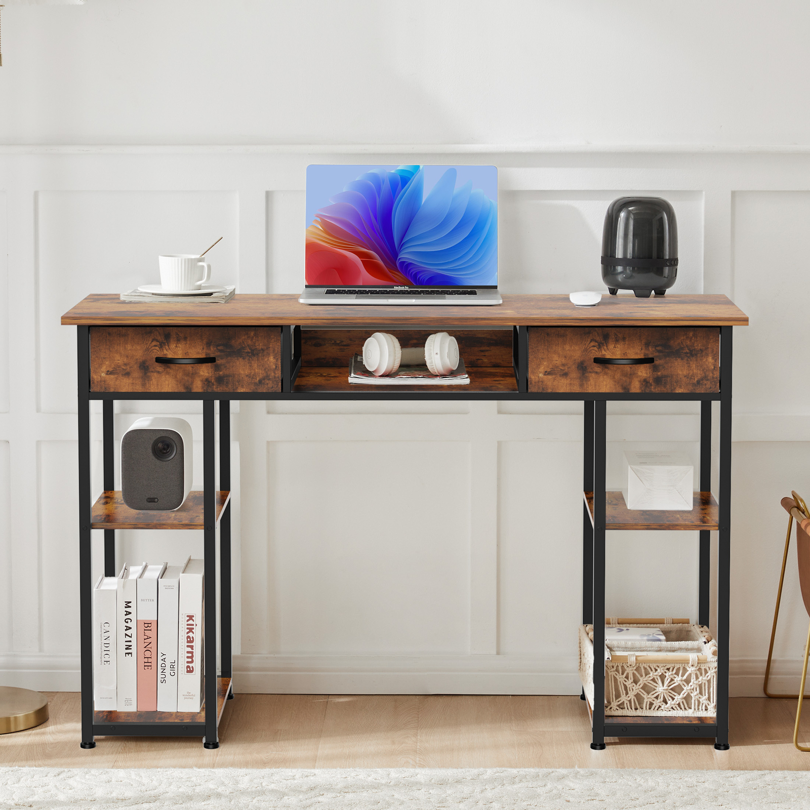 Computer Desk Home Office Table with PC Stand, Fabric Drawers Headphone Hook