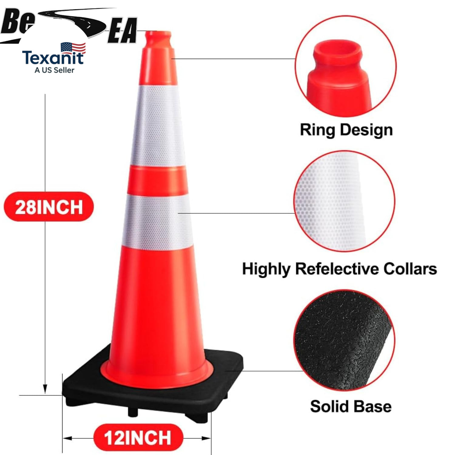 (8 Cones) 28” Inch Orange PVC Traffic Cones, Black Base Construction Safety Con