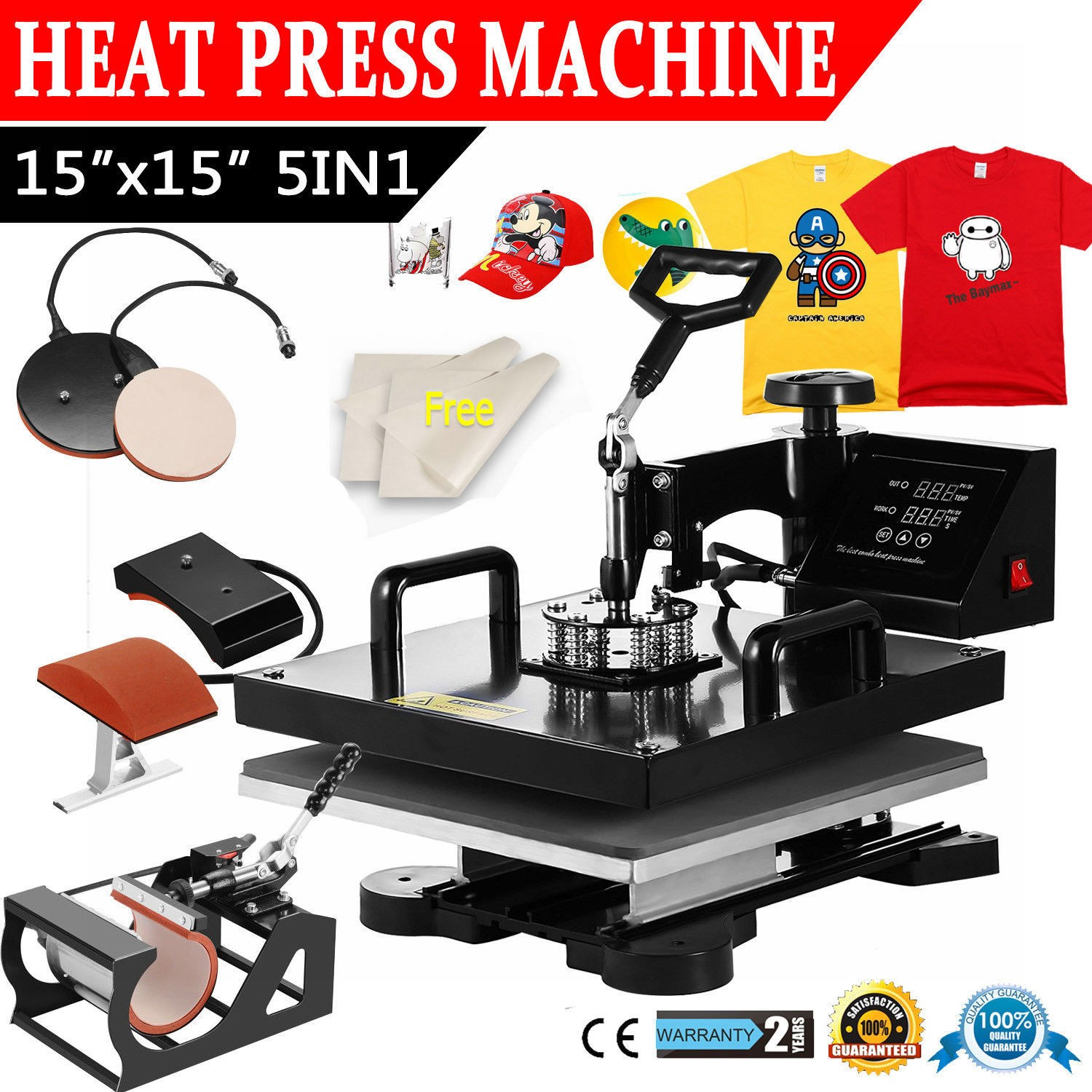 15″x15″ 5 in 1 T-Shirt Heat Press Machine Transfer Sublimation Mug Hat Plate