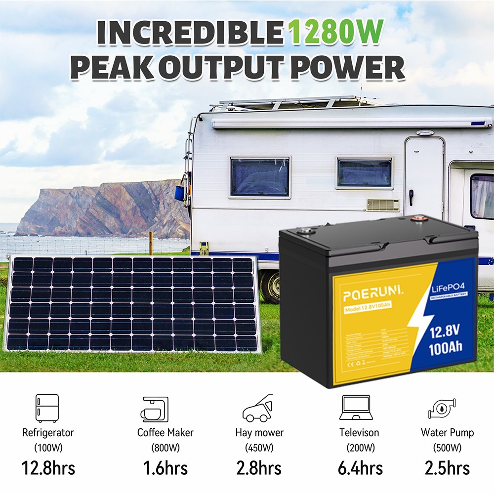 12V 100Ah LiFePO4 Lithium Battery Built-in BMS Cycle Deep for Solar RV Off-grid
