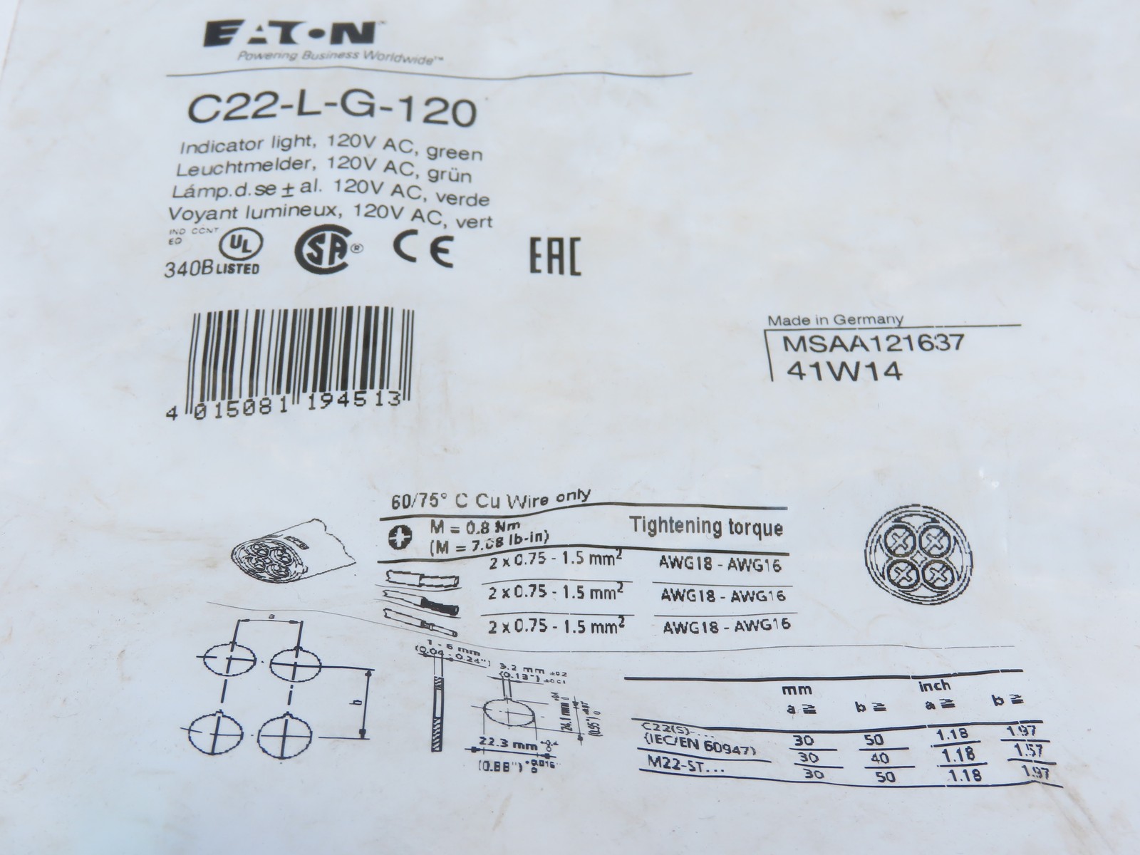 Eaton C22-L-G-120 Button Indicating Light Green Illuminated LED 120 V