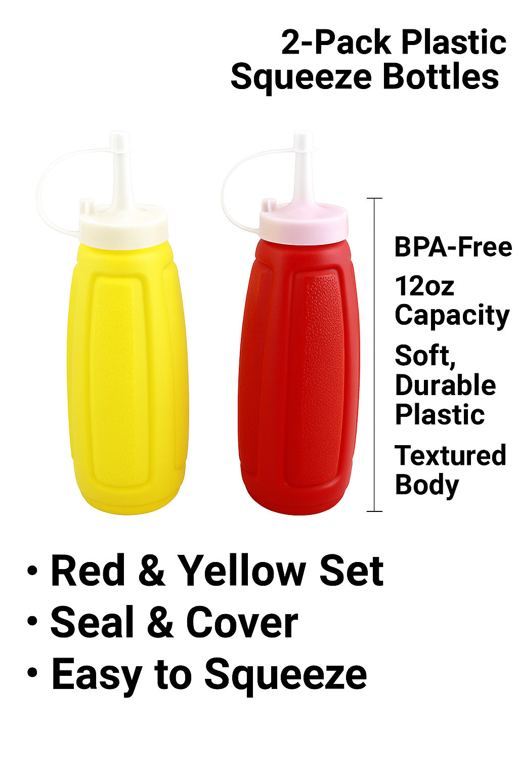 2 Piece Plastic Squeeze Mustard Ketchup Salad Dressing Condiment Set with Cap