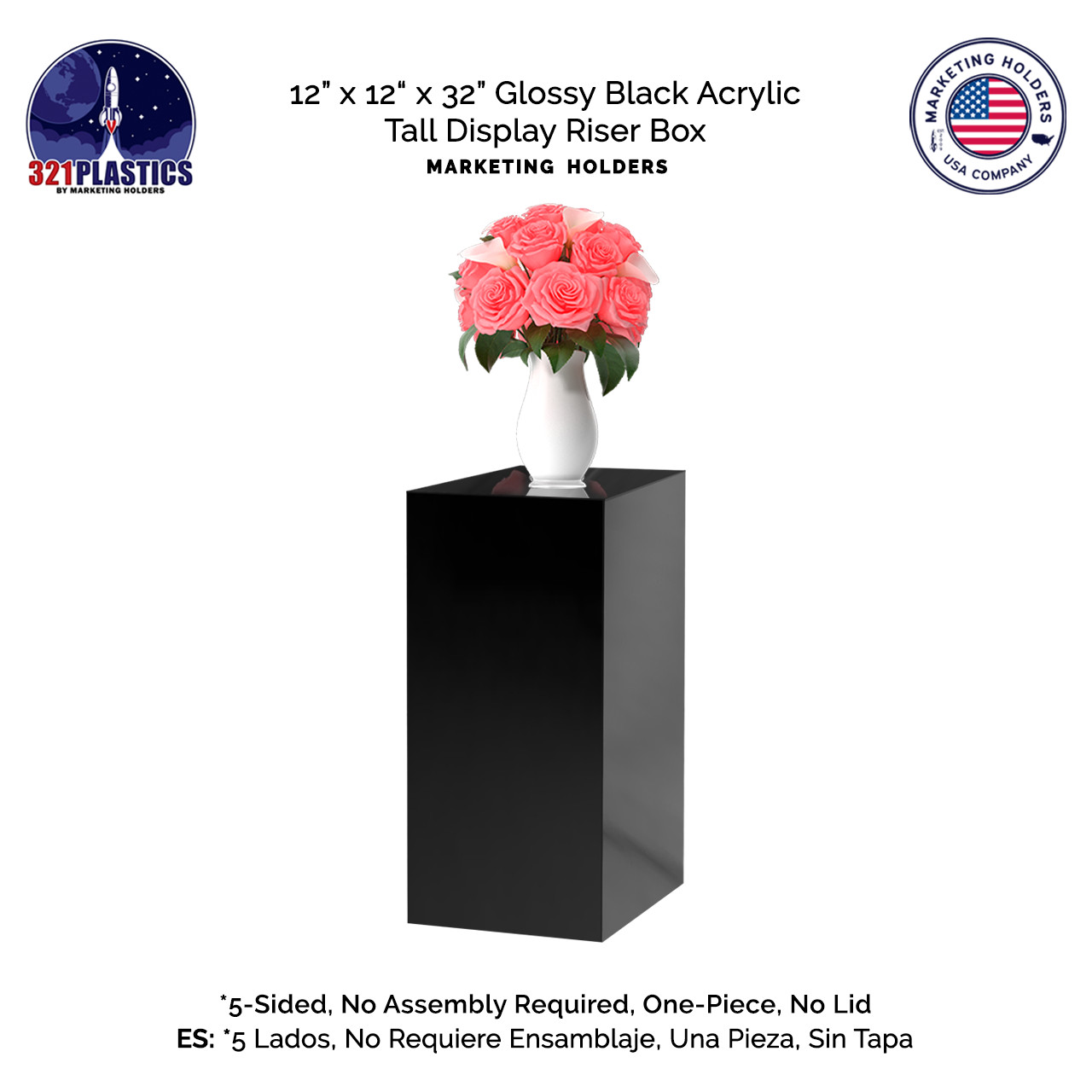 12″ x 12″ x 32″ Black Acrylic Lucite Display Cube Pedestal Art Sculpture Stand