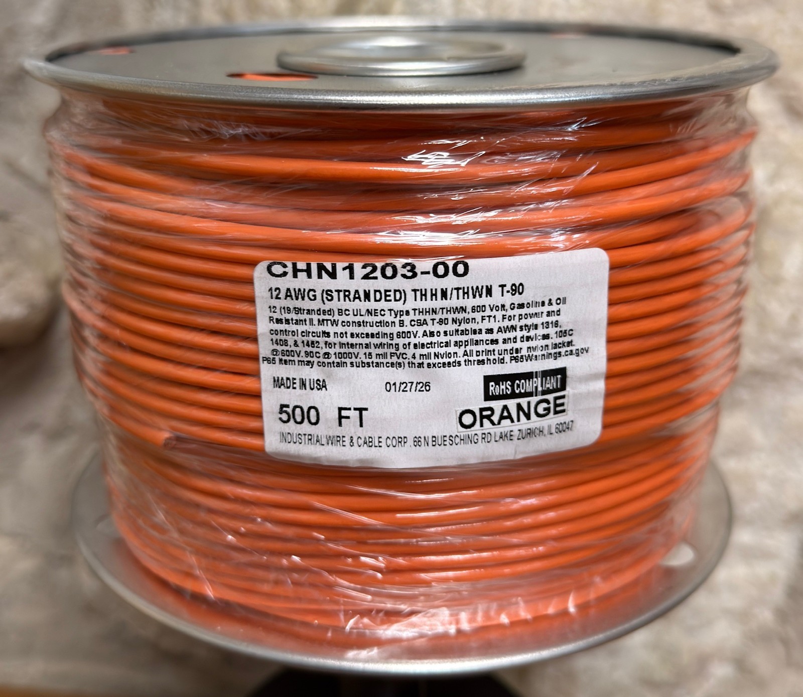 500 FT THHN/THWN WIRE. 12AWG STR BC 600 VOLT. MADE IN USA.WHT,ORG,BLK,orRED