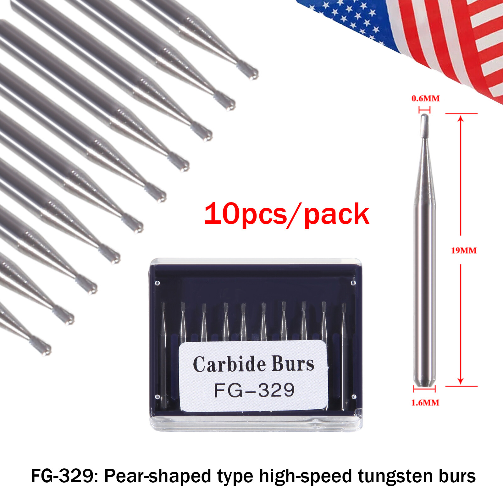 10pcs USA Dental Tungsten Carbide Cutting Burs Pear Shape FG-329 ty