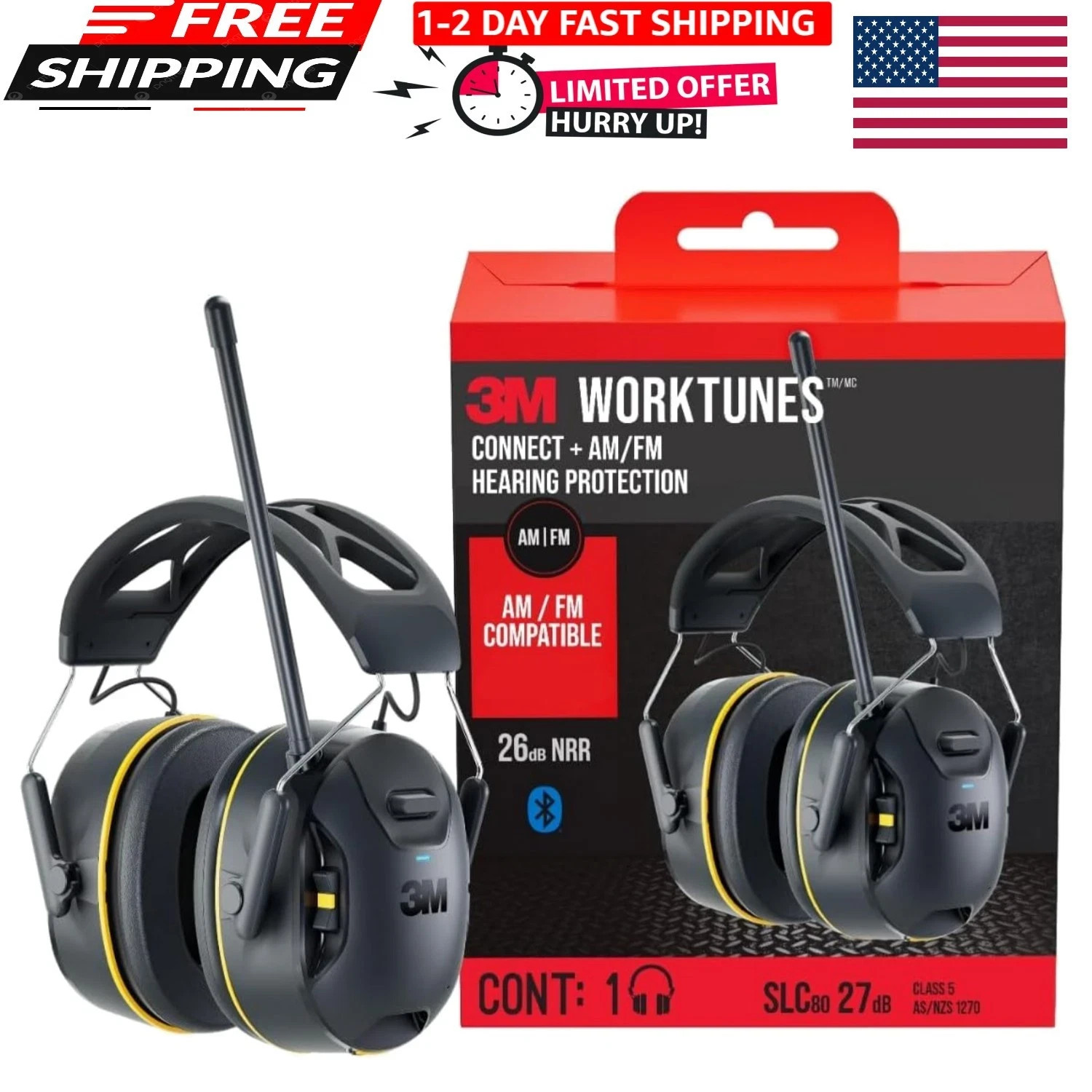 3M WorkTunes Connect Wireless Hearing Protector with Standard, Black