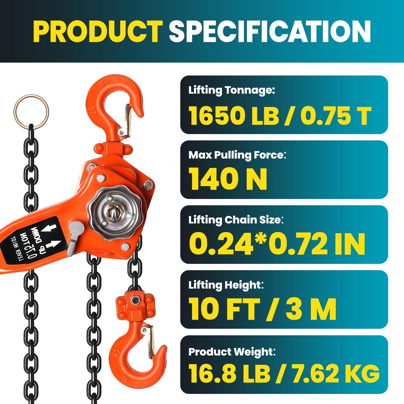0.75T 1650LBS Manual Lever Chain Hoist 10 FT Manual Chain Hoist with G80 Chain