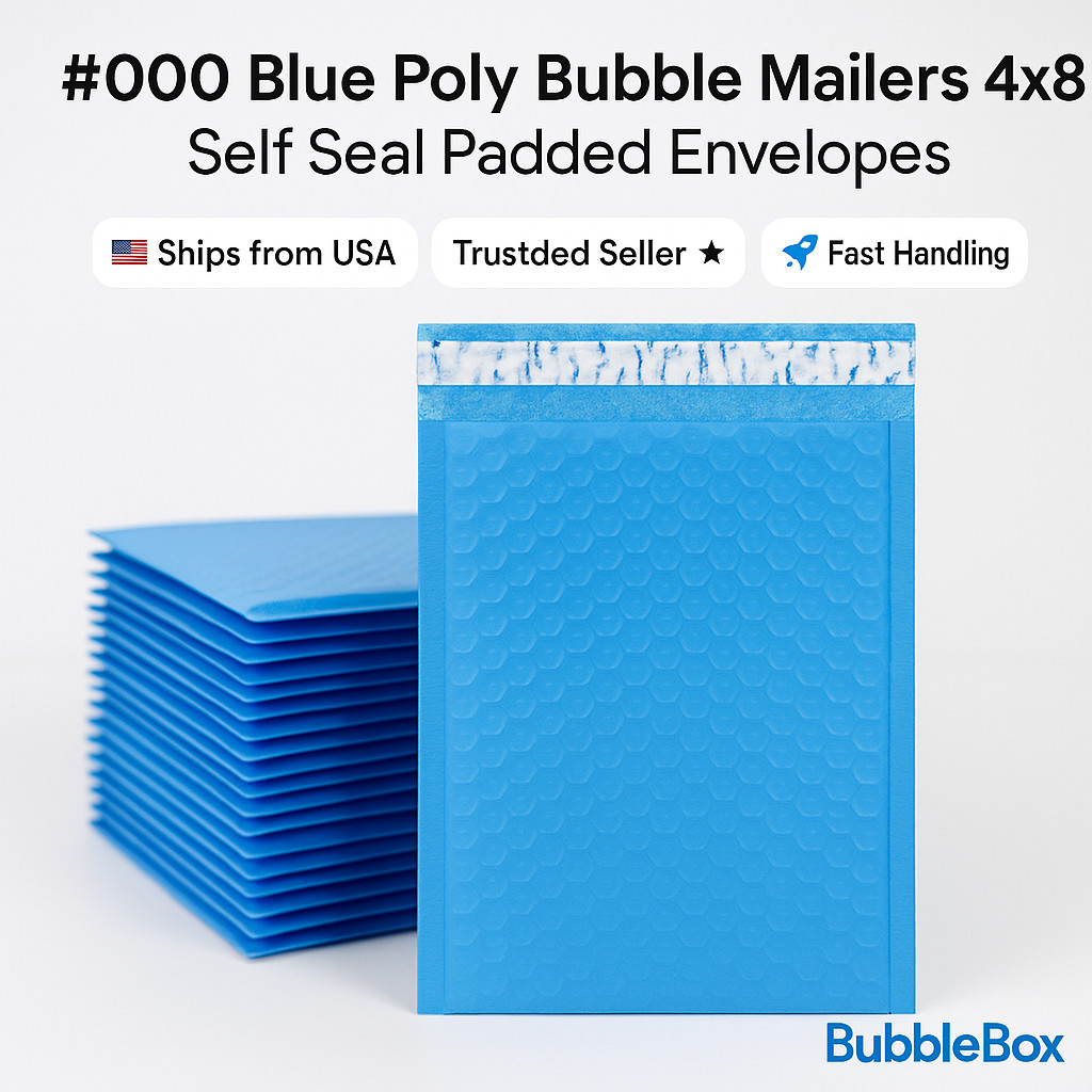 BubbleBox Blue #000 4×8 Poly Bubble Mailers Self Seal Padded Envelopes 4×7