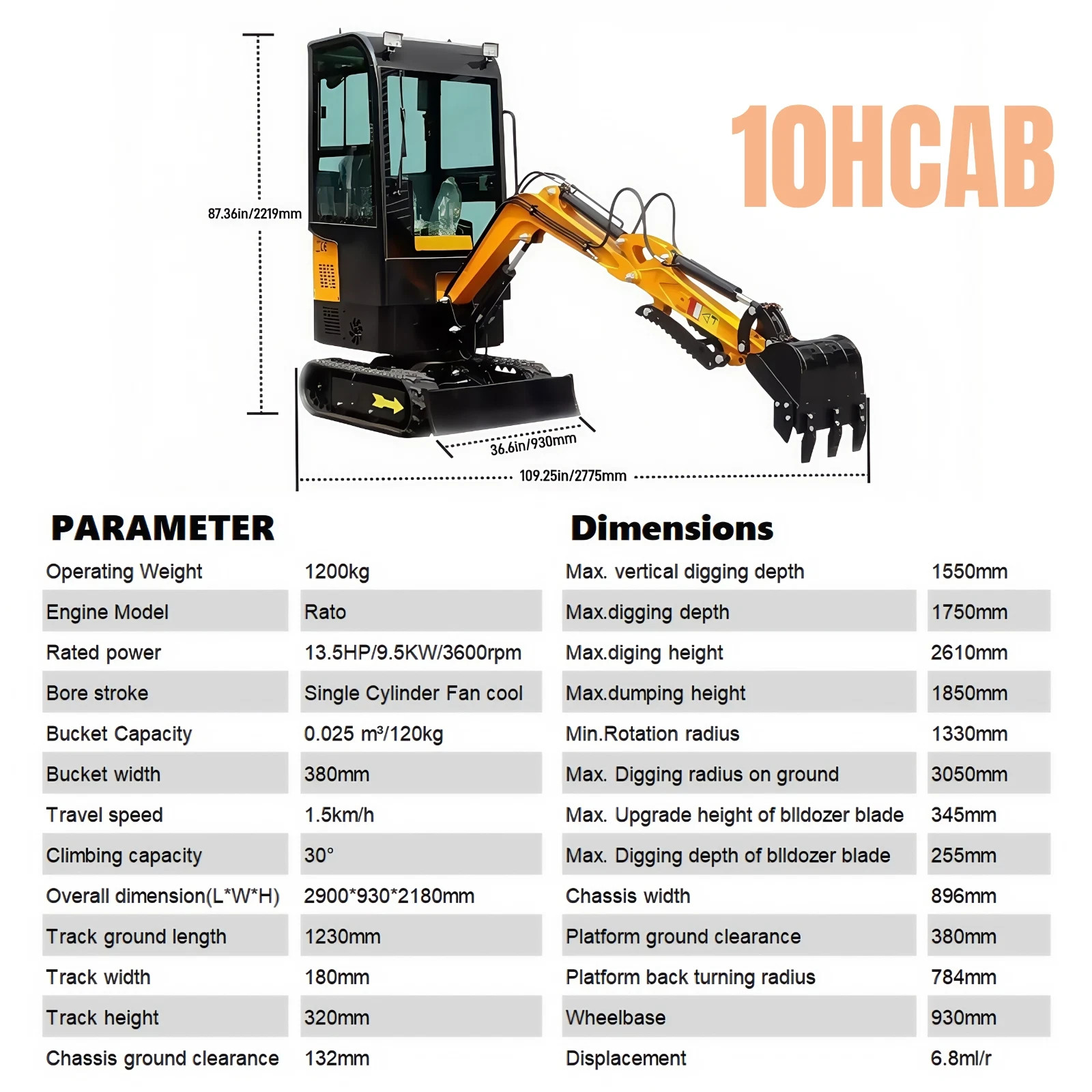 Enclosed cab 1.2Ton Mini Excavator With 9 Attachments Kit 13.5hp Mini Digger