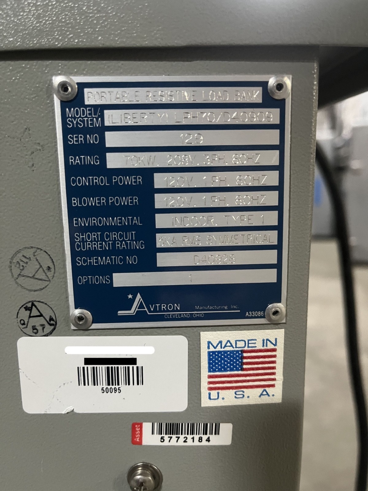 Used Avtron 70KW Liberty LPH70 Resistive Load Bank | 208V 3Ph 60Hz | 240V 1Ph