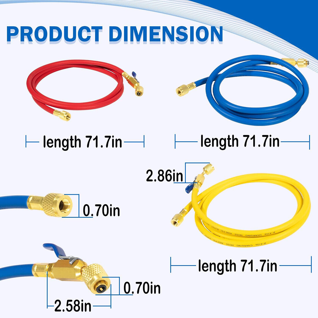 3 Pack 29986 Plus II 1/4″ Red Blue Yellow Charging Hose Compact Ball Valve 72″