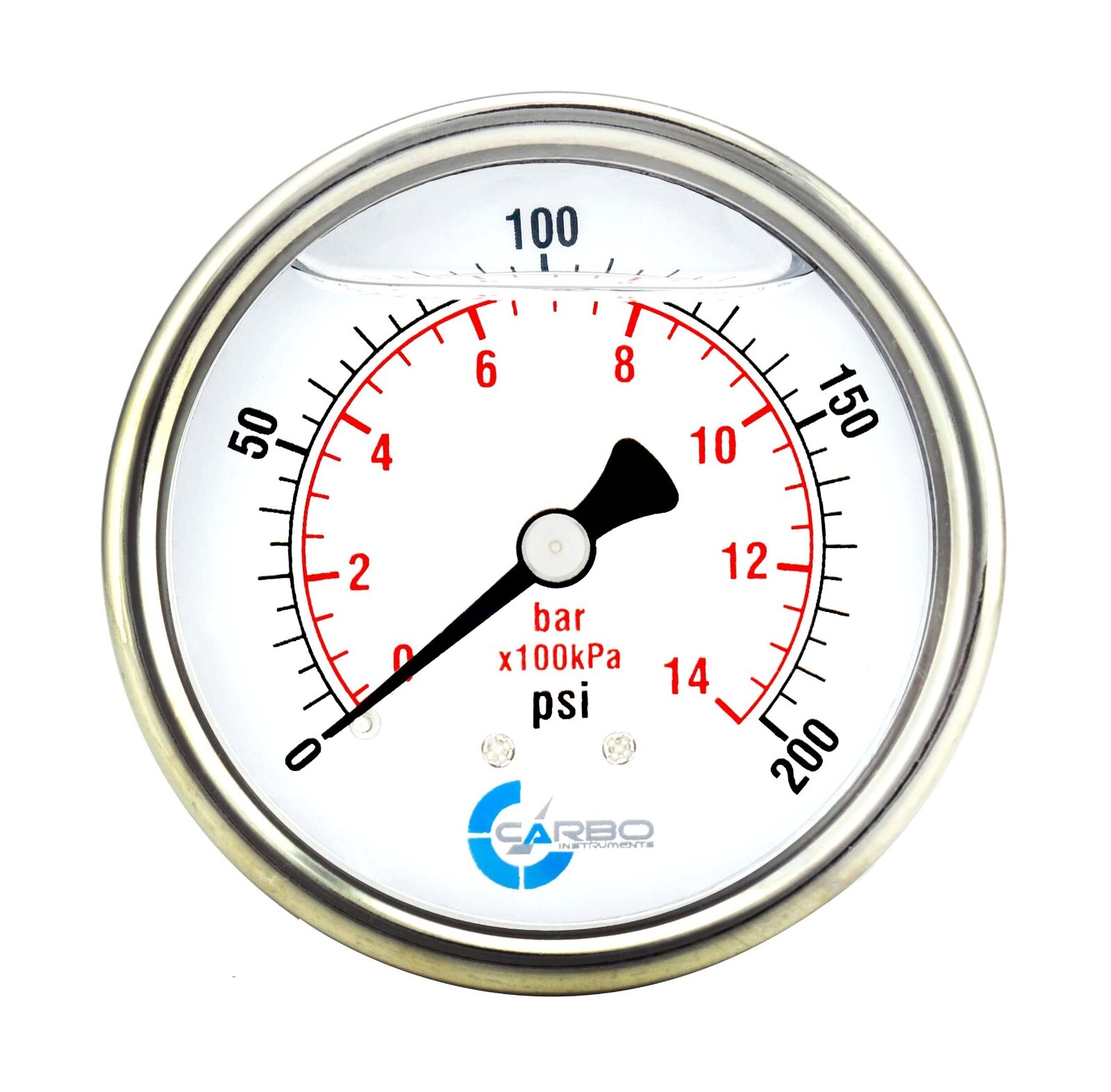 2.5″ LIQUID FILLED PRESSURE GAUGE 0 – 200 PSI, STAINLESS STEEL CASE BACK MOUNT