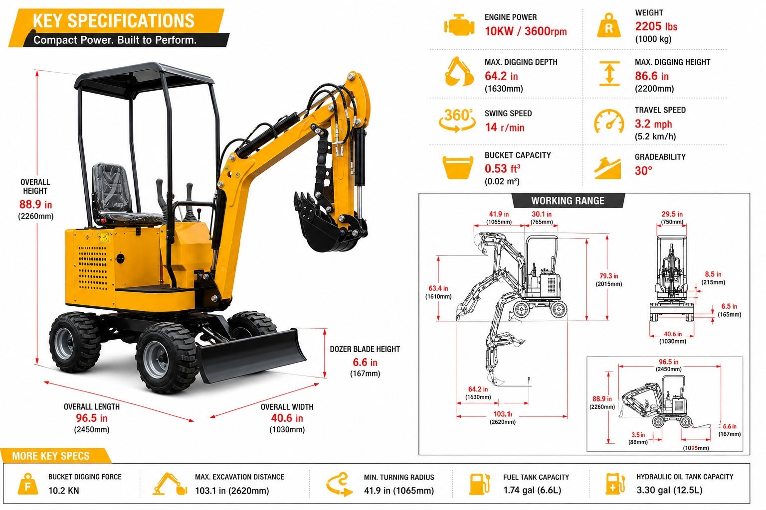 1 Ton Mini Wheel Excavator Mechanical Thumb RATO Engine Compact Digger US Stock