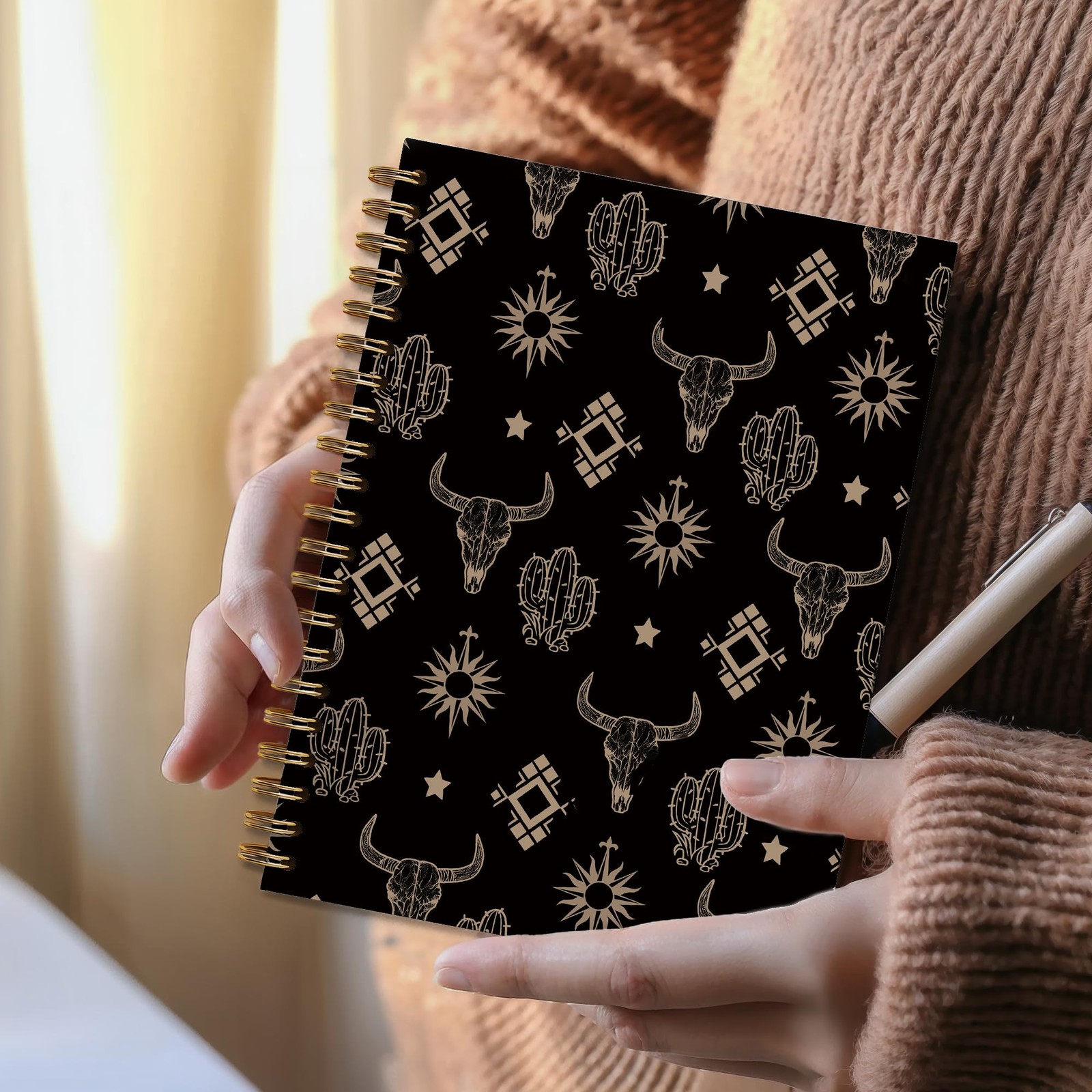 Boho Black Western Aztec Cow Bull Skull Spiral Notebook Journal for Work Scho…