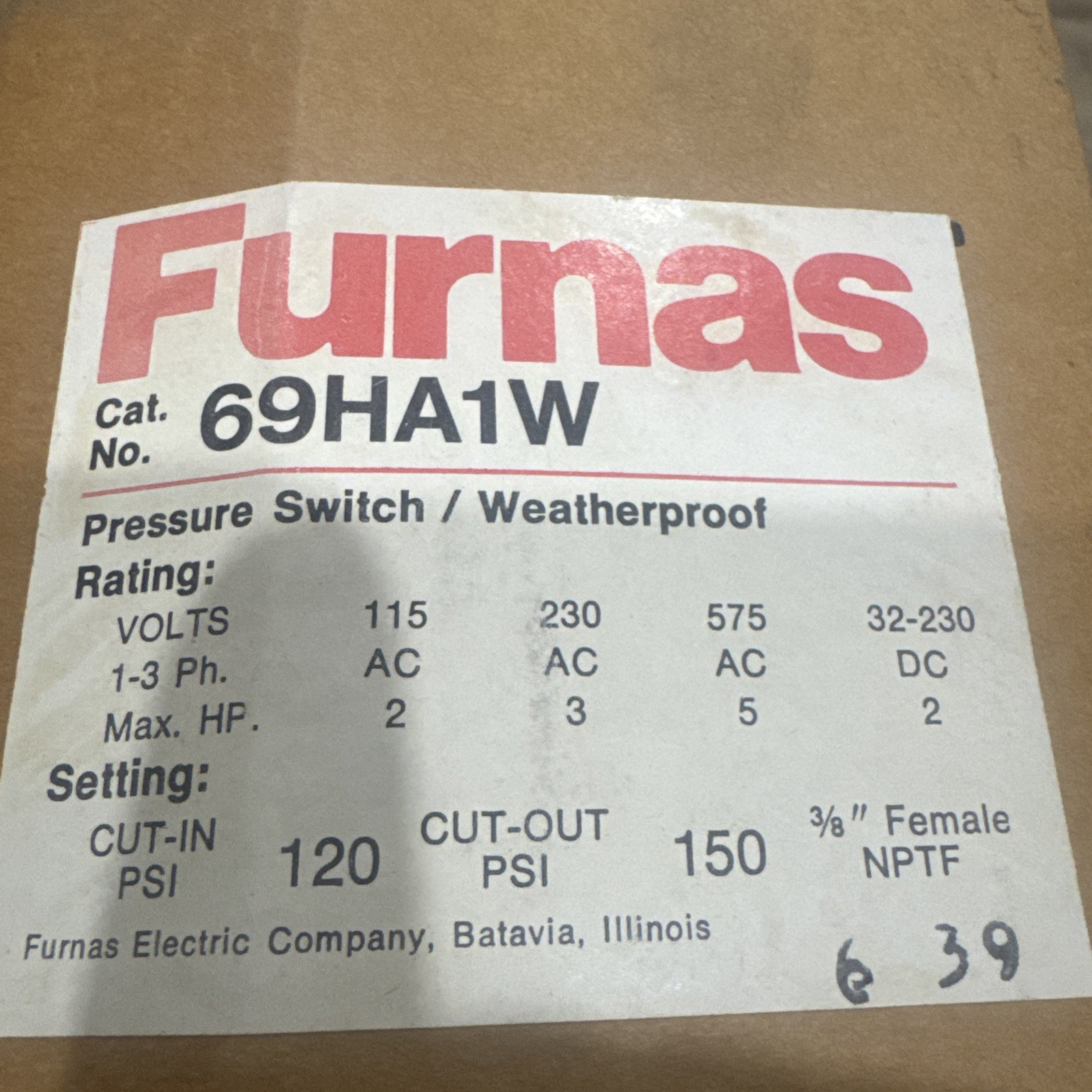 Furnas 69HA1W Pressure Switch Weather Proof Cut in 120 cut out 150 psi ORIGINAL