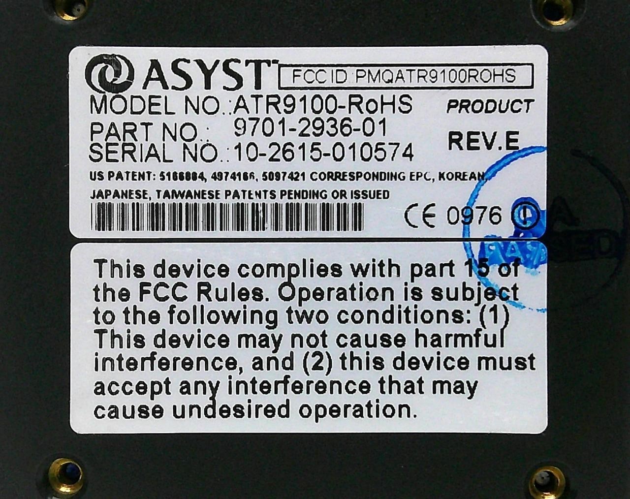 ASYST ADVANTAG 9100 MODEL ATR9100-RoHS 9701-2936-01 PMQATR9100 REV. E WITH CABLE