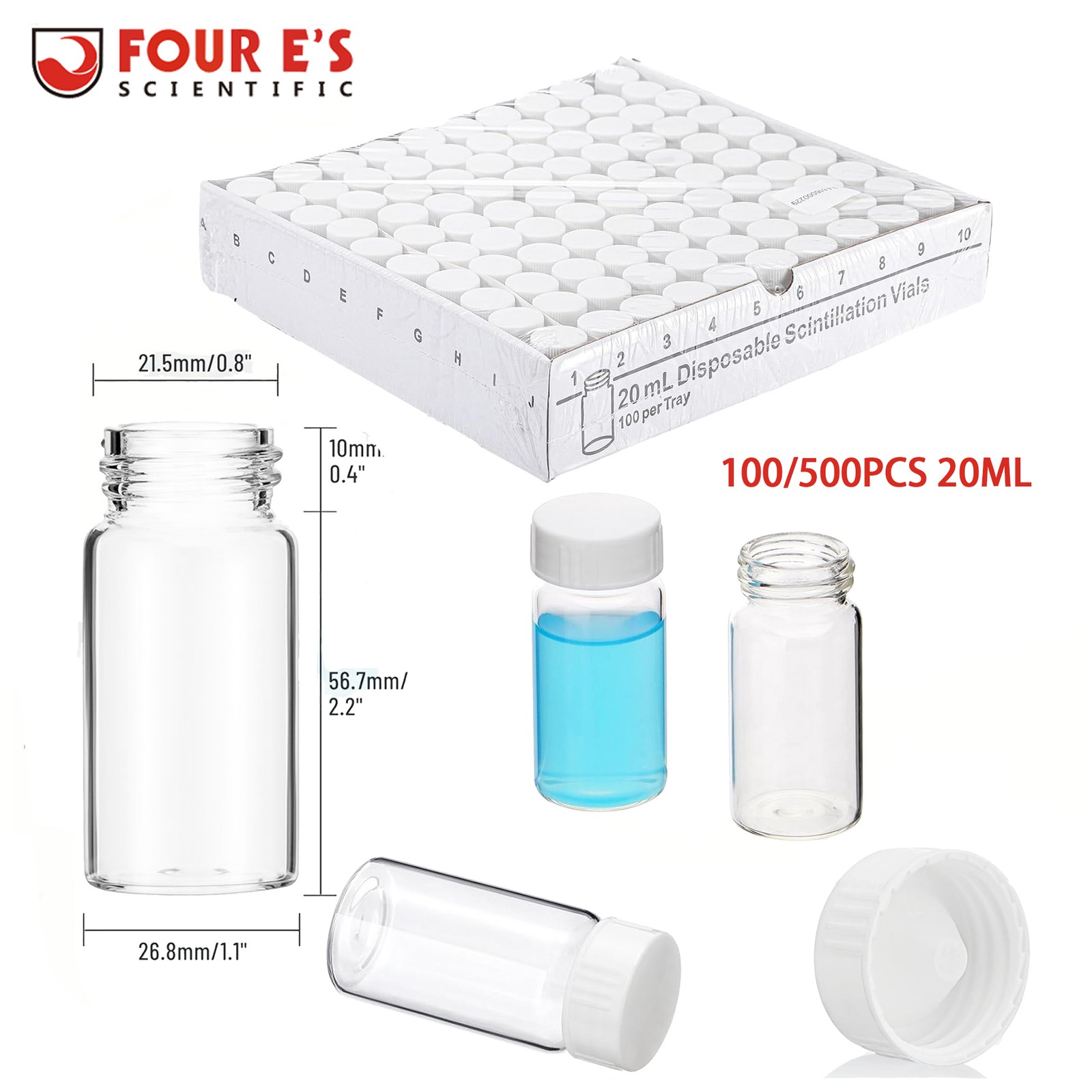 500Pcs 20mL Scintillation Vial Liquid Sample Vials Clear Glass Vials Cone Liner