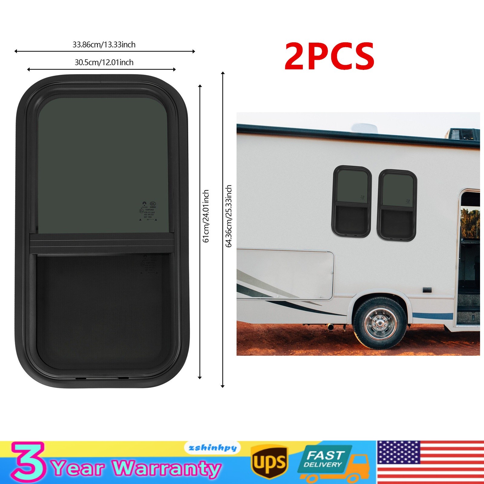 2PCS RV Window Vertical Slide Window 12 x 24in with Trim Rings for Cargo Trailer