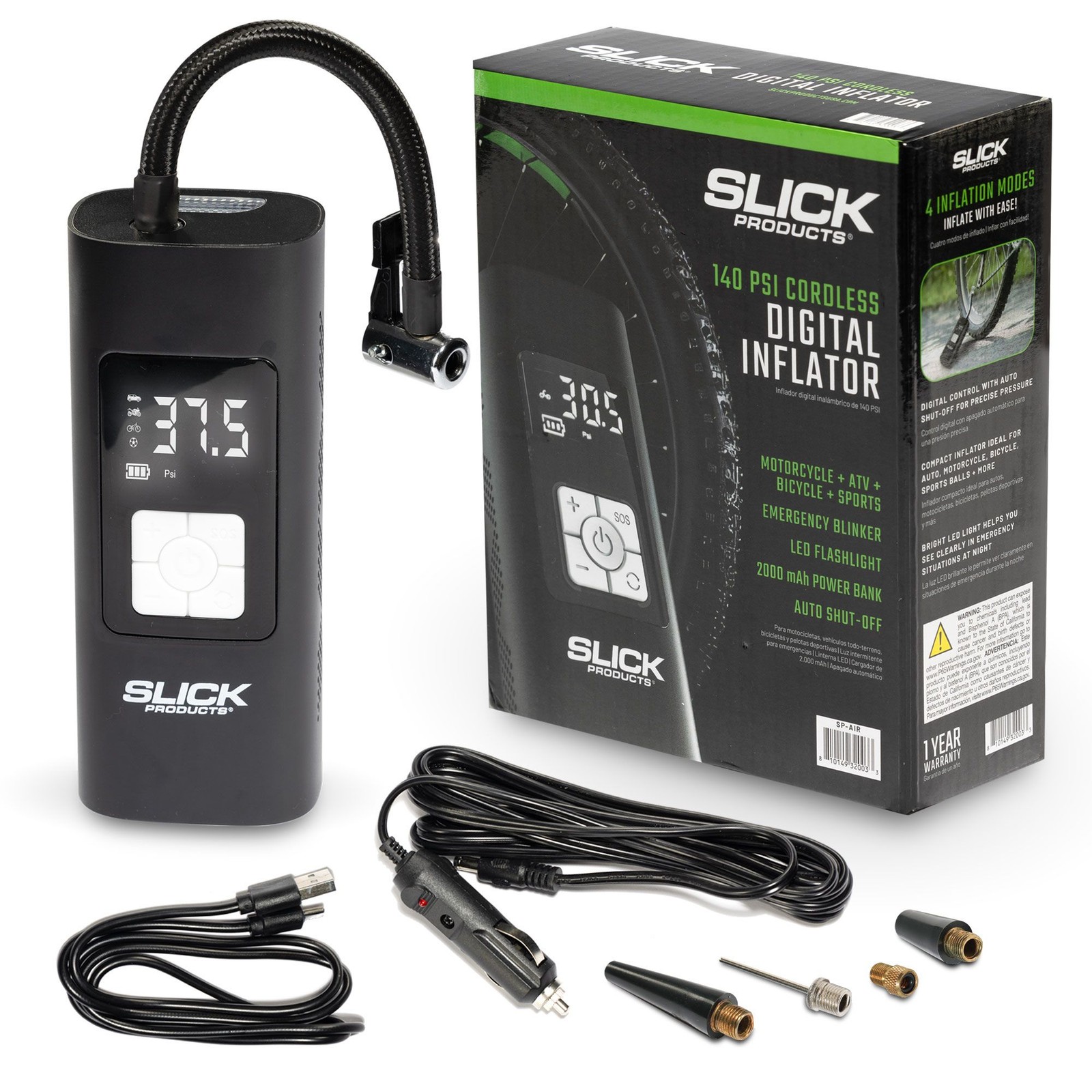 Slick Products Cordless Digital Air Inflator, Portable Tire Pump and Power Bank