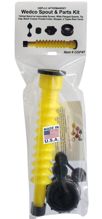 GAS SPOUT & PARTS KIT for WEDCO Brand -Spout, Stopper, Collar, 2 Kinds Vent Caps