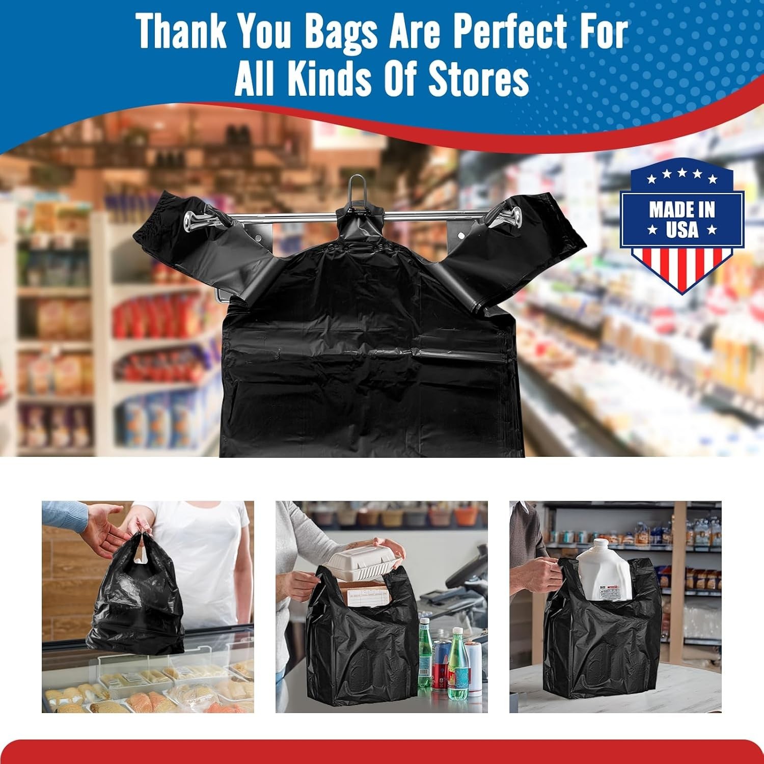 1000 Black T-Shirt Bags 1/6 12″ x 6.5″ x 21″, Plastic Grocery Shopping Bags