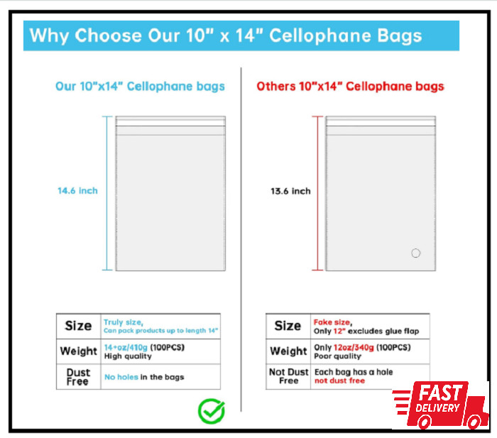 100 Pcs 10″x14″ Clear Self-Sealing Cellophane Bags for Packaging T-Shirt Clothes
