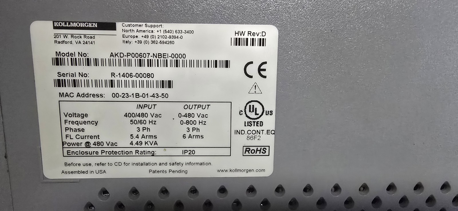 KOLLMORGEN AKD-P00607-NBEI-0000 / AKDP00607NBEI0000 (Used In Great Condition)