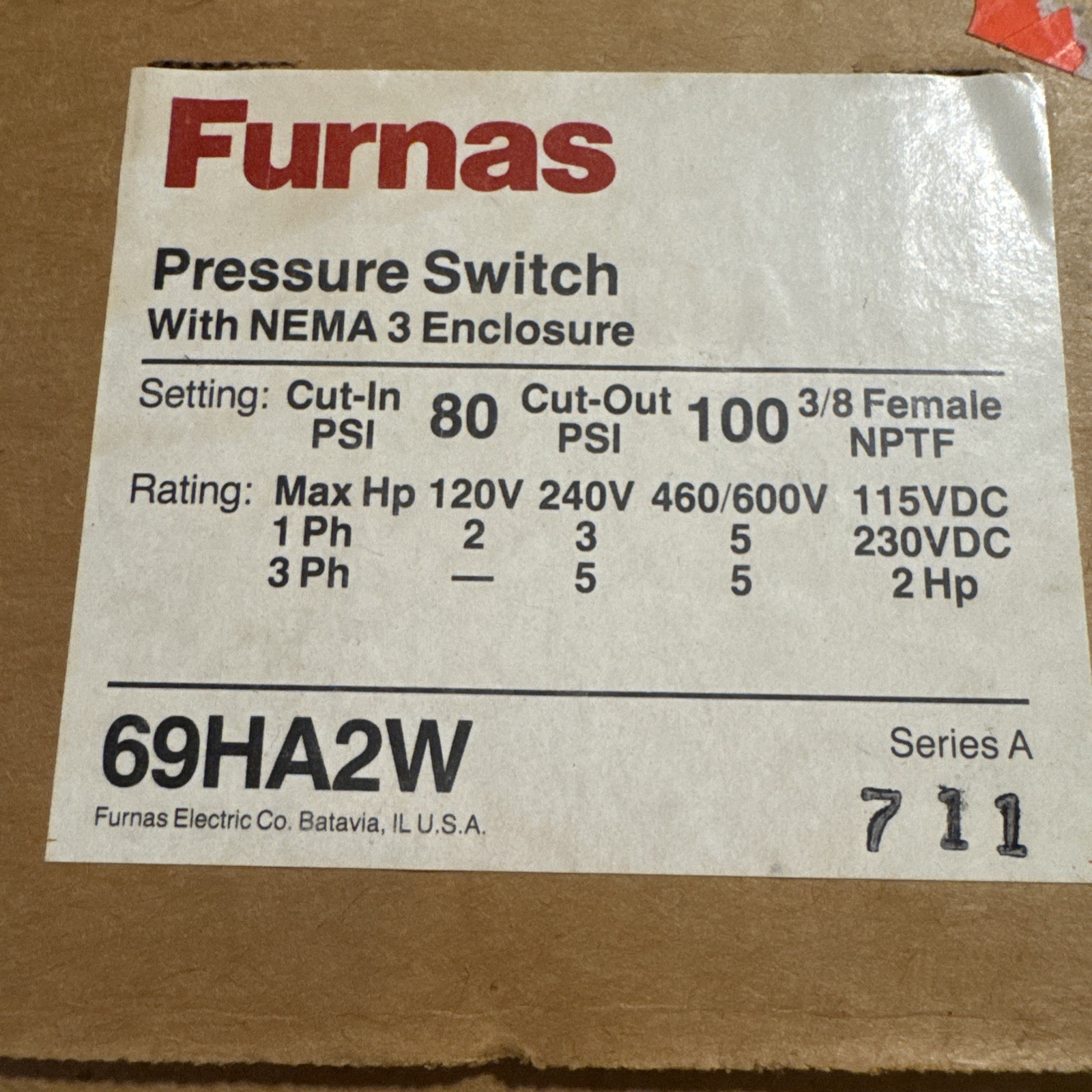 Furnas Weatherproof Pressure Switch 69HA2W W/ NEMA 3 Enclosure 80 in 100 Out NEW