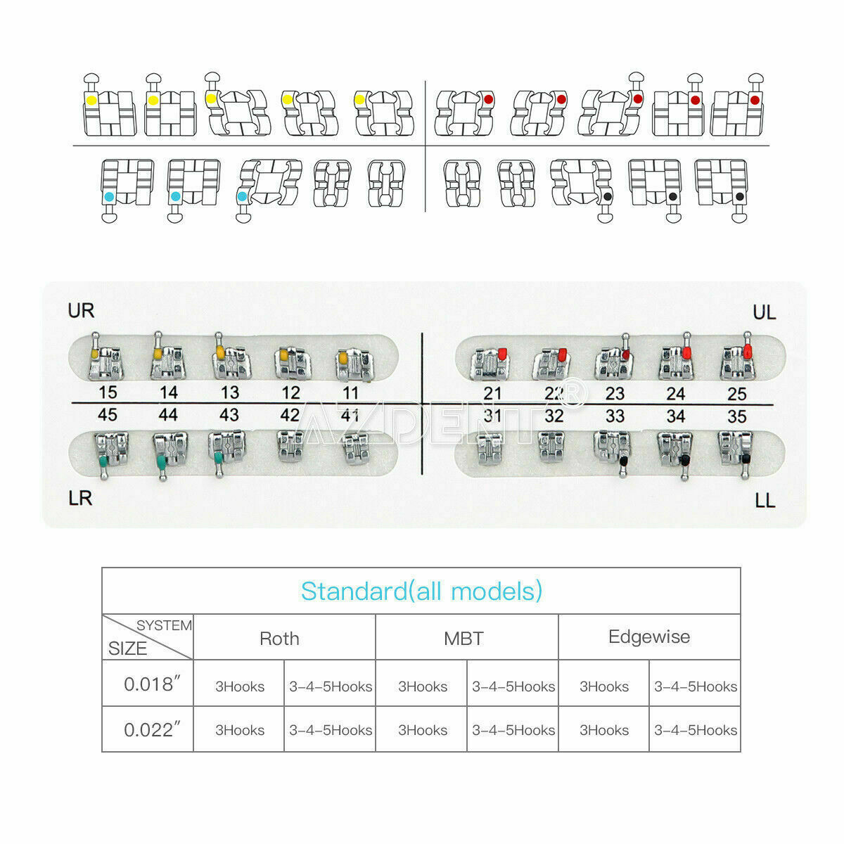 AZDENT Dental Orthodontics Brackets Braces Metal Standard MBT Roth 022 Hooks 345