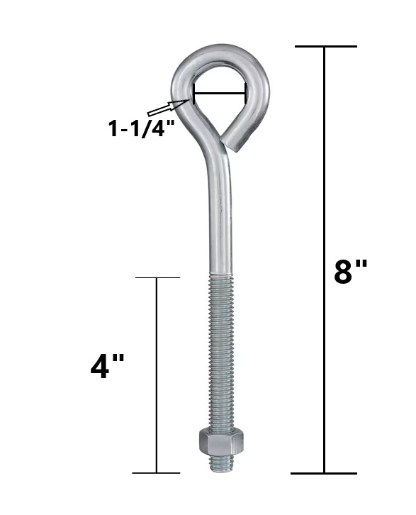 10, 25, 40, 100, 1000 pcs Zinc Steel Eye Bolts w/ Nuts 1/2-13 x 8″ (4″ Thread)