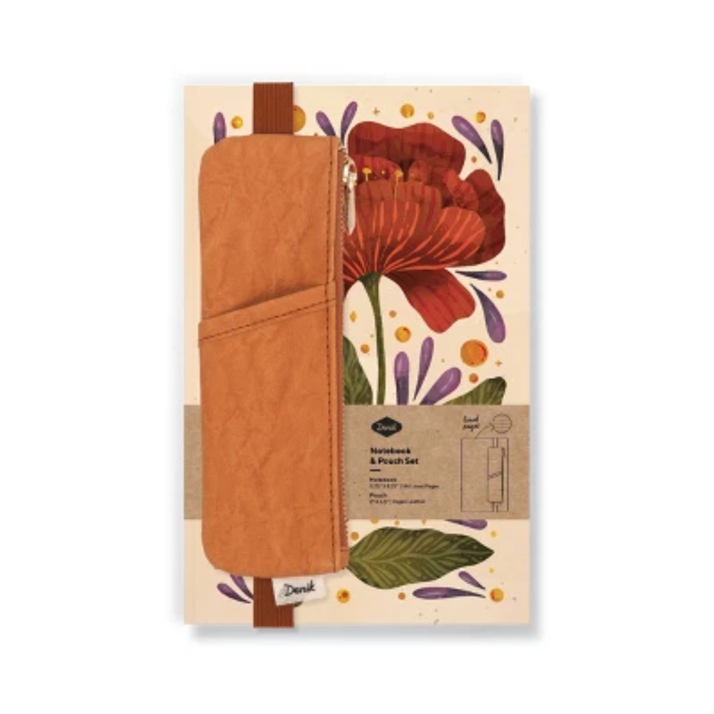 Denik 240pg Blank Notebook ; Burgundy Bloom with Carmel Crinkle Pouch