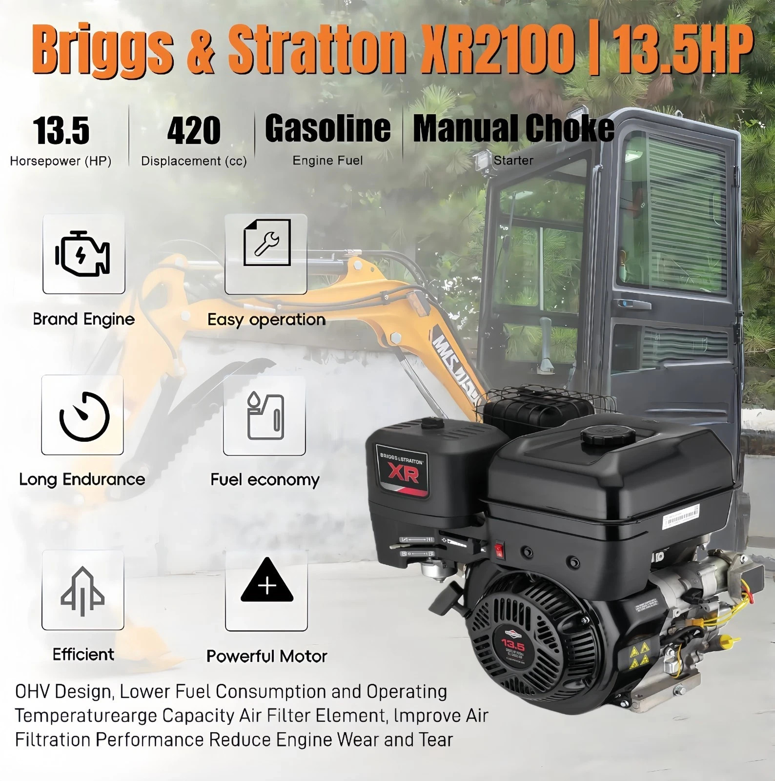 MMS Mini Excavator 13.5hp 1.4Ton Gas B&S EPA Engine With Swing Boom