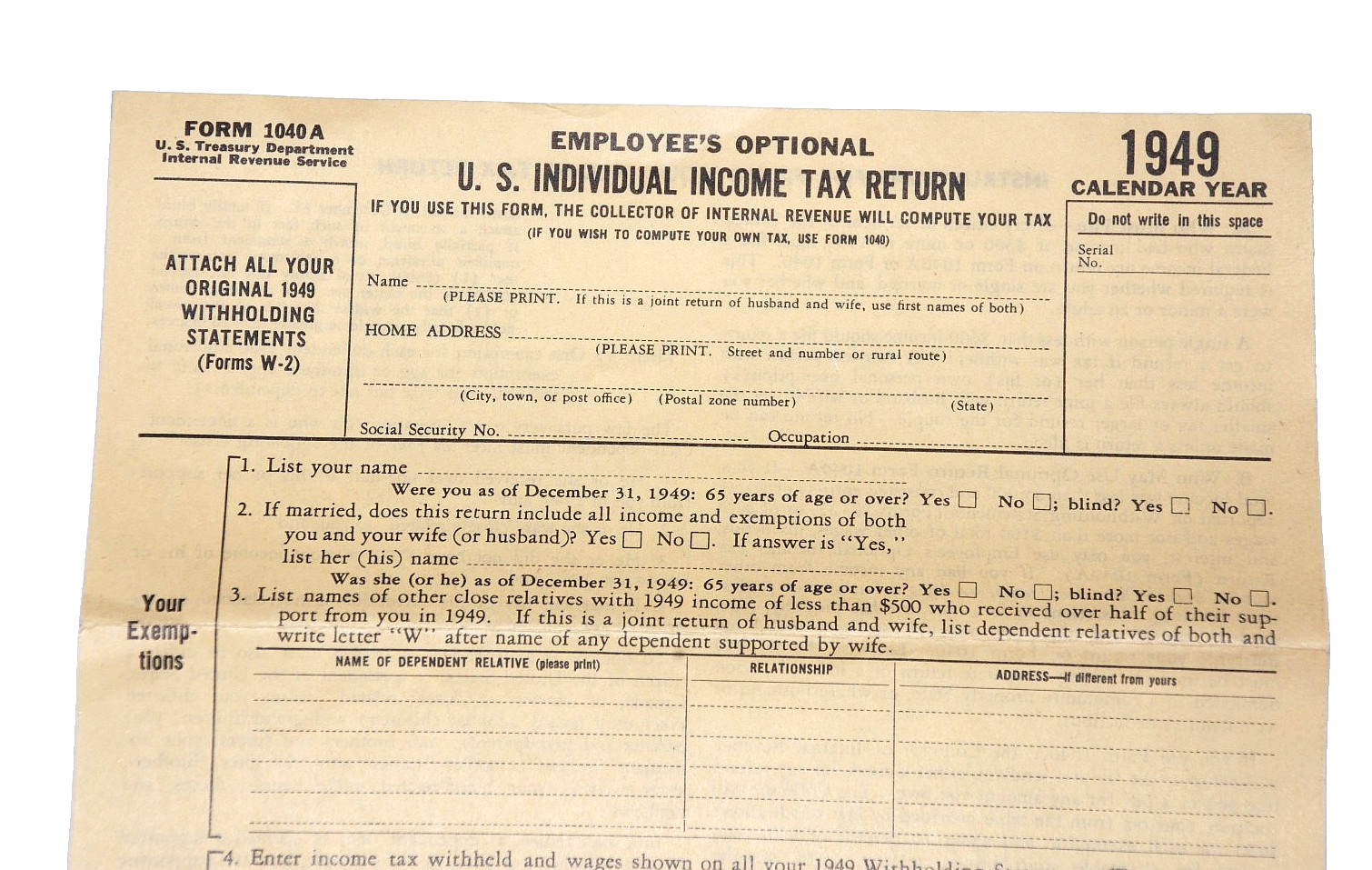 United States U.S. INDIVIDUAL INCOME TAX RETURN Form 1040A Unused IRS VTG 1949