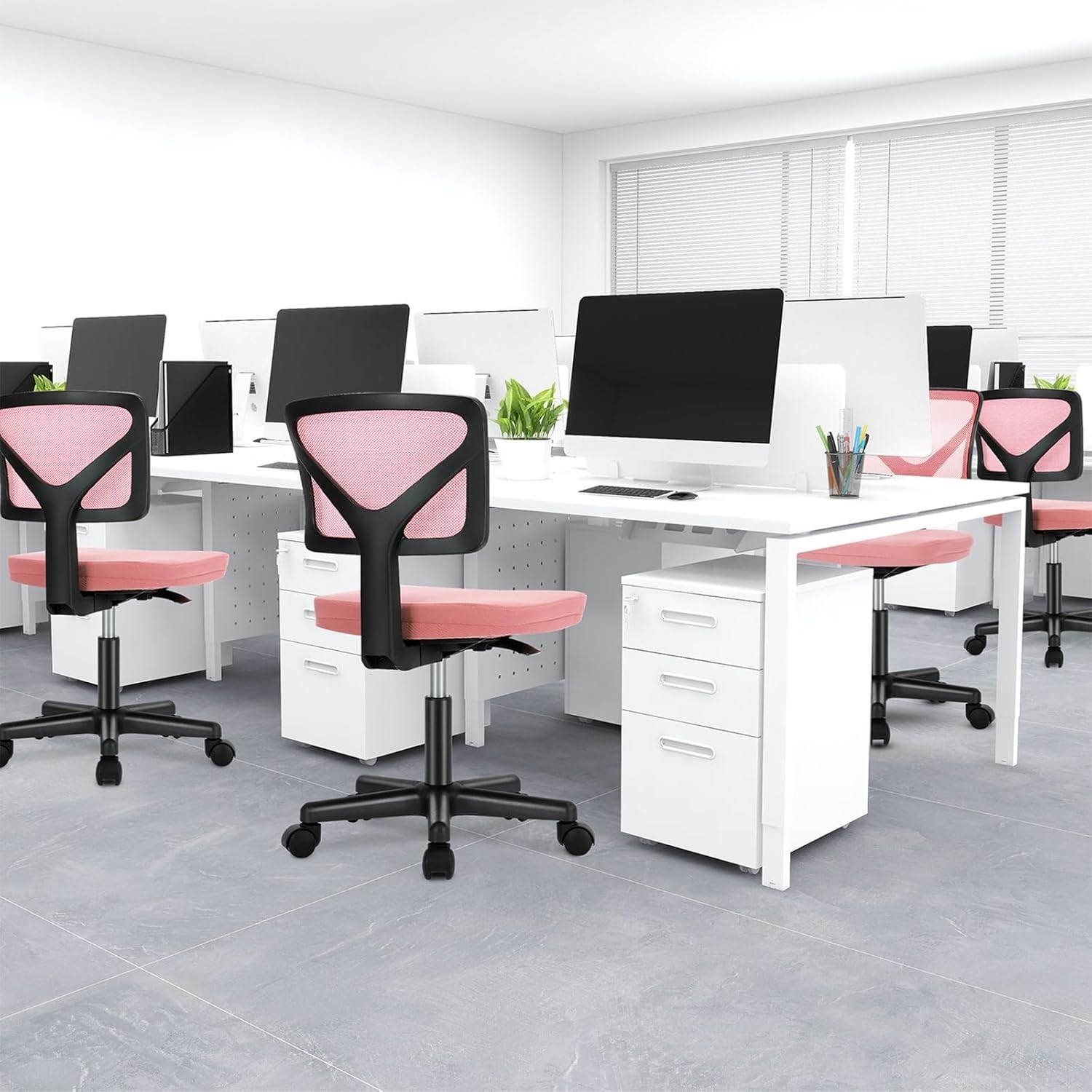 Ergonomic Hot Pink Armless Office Chair – Adjustable & Rolling for Small Spaces
