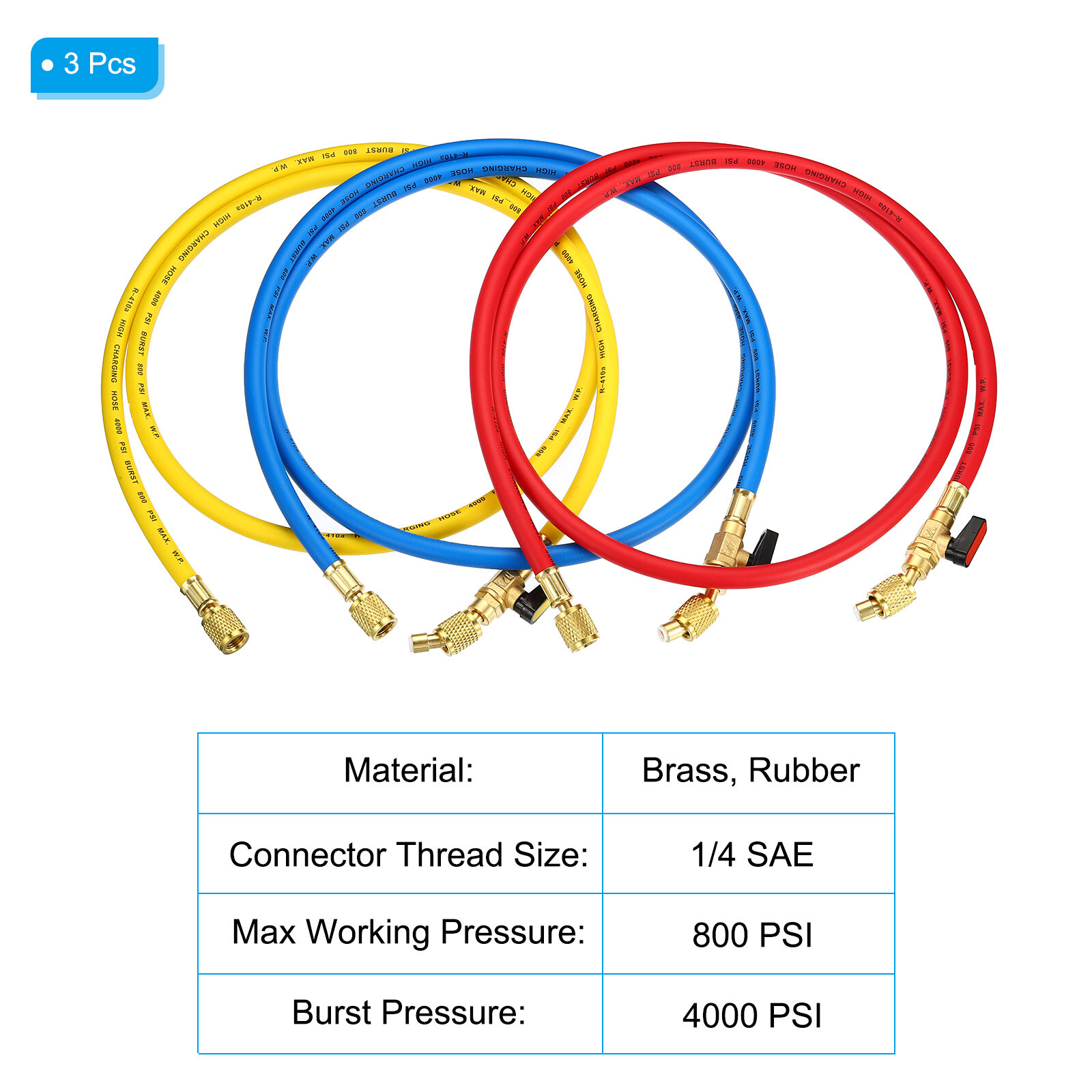 3pcs 1/4 SAE Refrigerant Charging Hose 4.9ft 800 PSI 4000 PSI Manifold Gauge