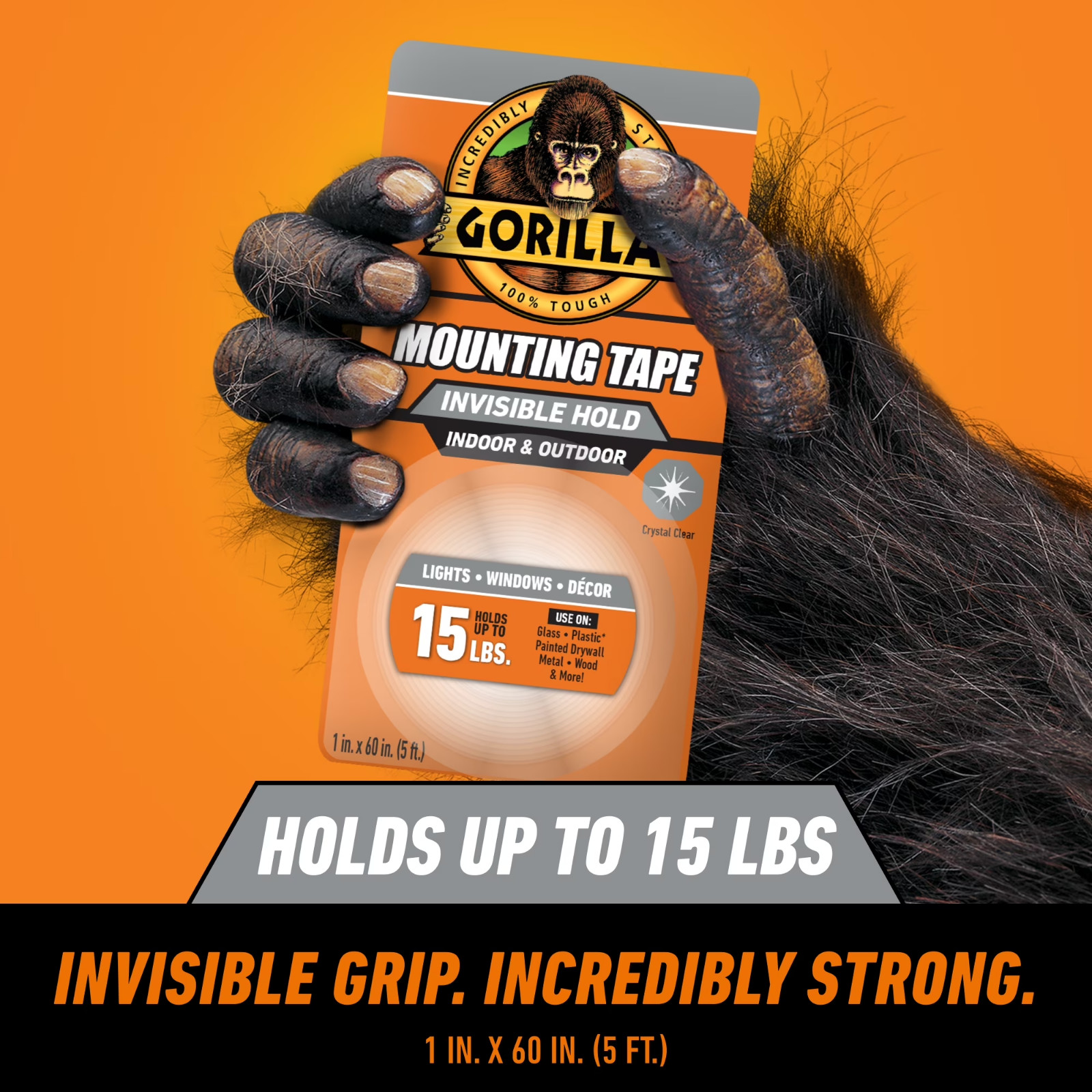 Gorilla Tough & Clear; Double Sided Mounting Tape; Weatherproof; 1″ x 60″; Clear
