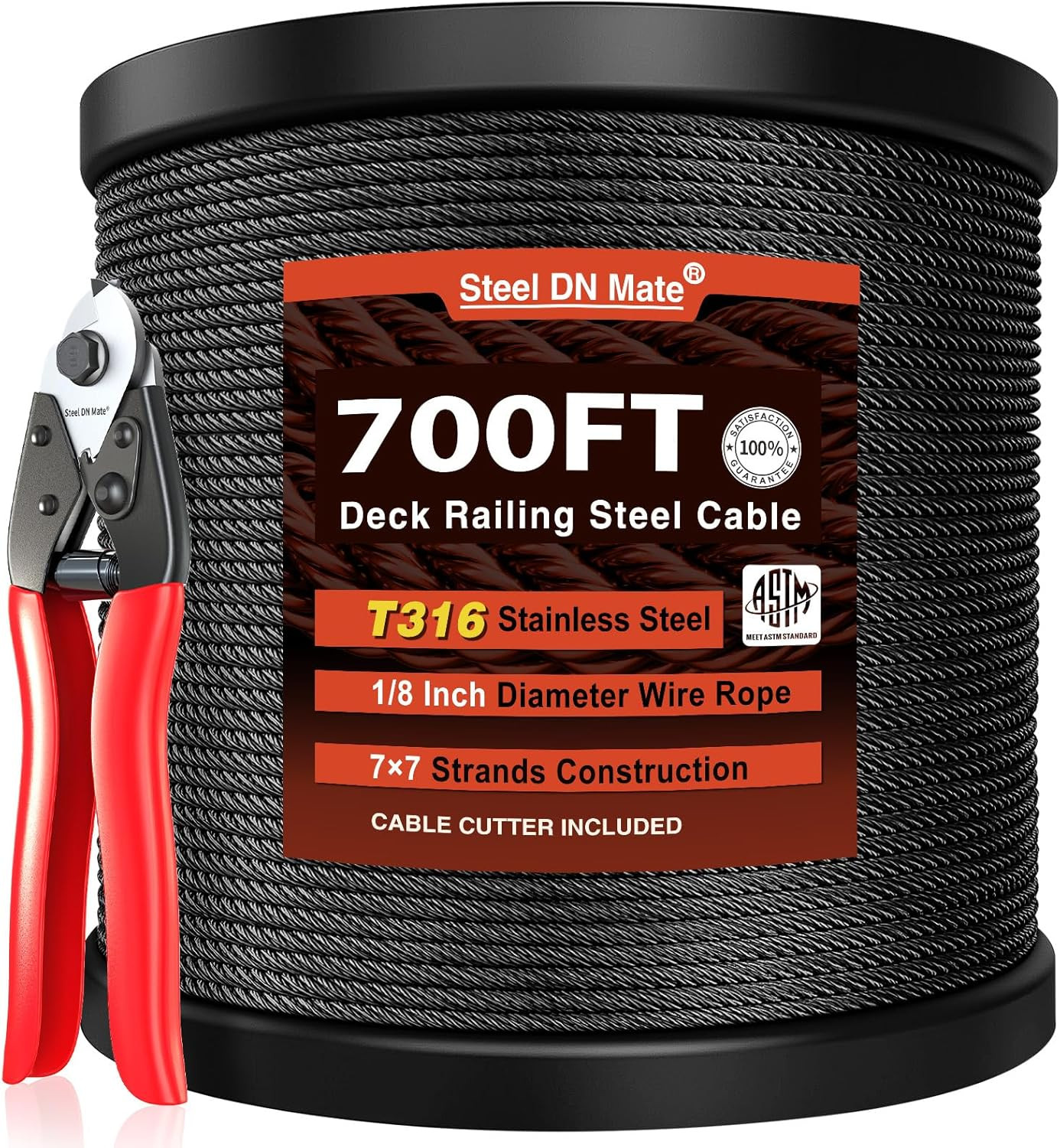 700Ft 1/8″ Black Cable Railing Wire Rope, T316L Marine Grade Stainless Steel Cab