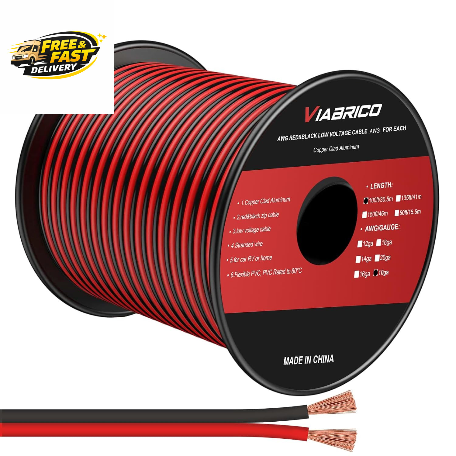 10 Gauge Wire 100FT, 2 Conductors Electrical Wire Red Black Cable, Flexible/