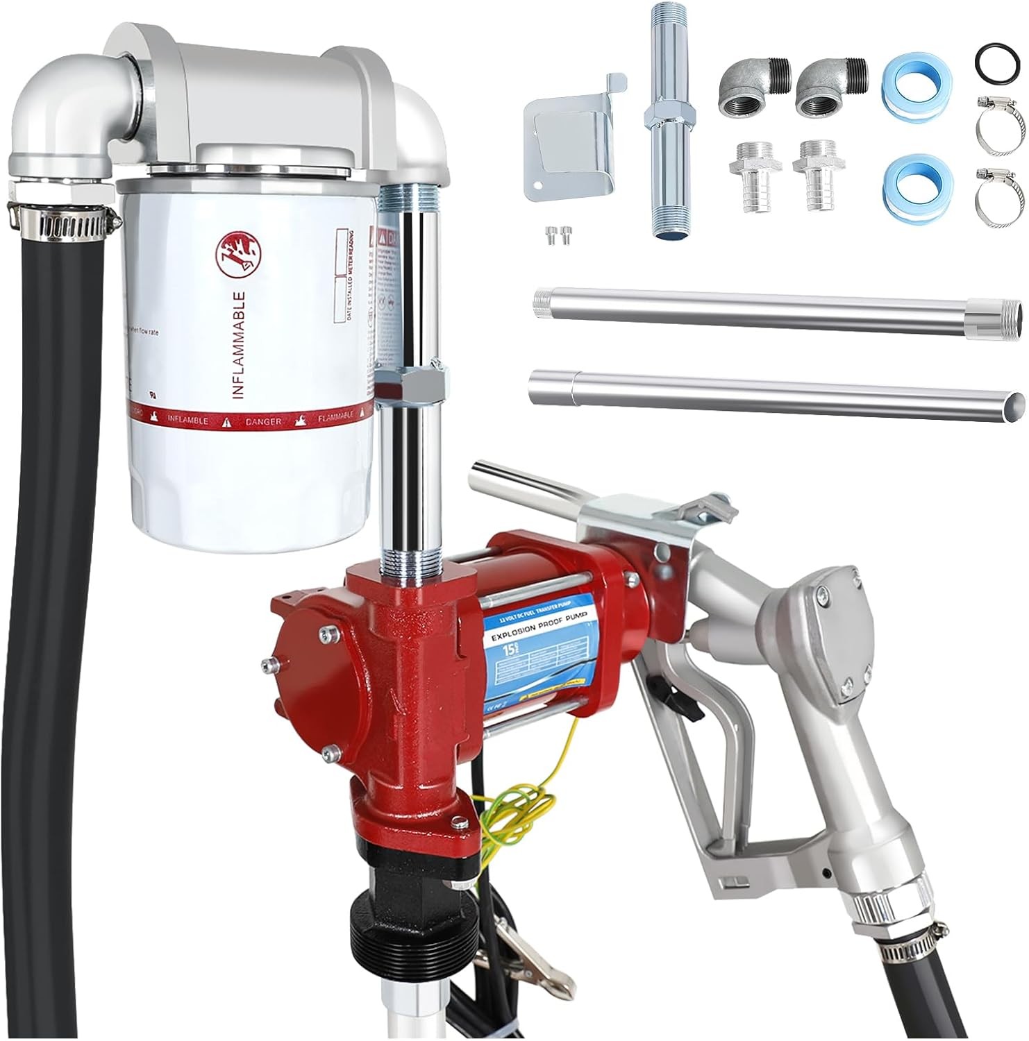 12V DC fuel transfer pump Red w/ Nozzle Kit for Gasoline Diesel 15GPM