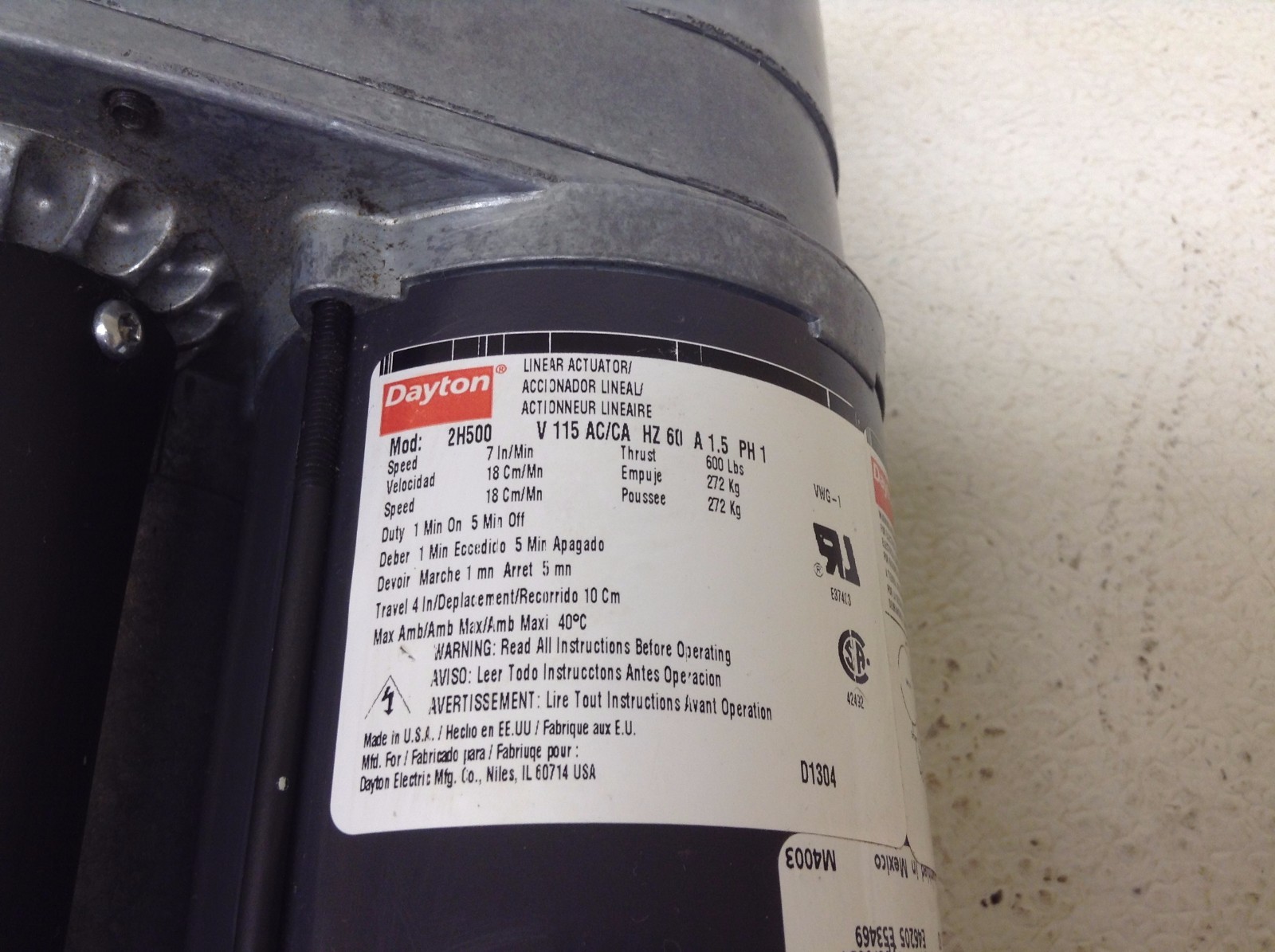 Dayton 2H500 Linear Actuator 115 VAC 1.5 A 7 In/Min 600 lbs Thrust