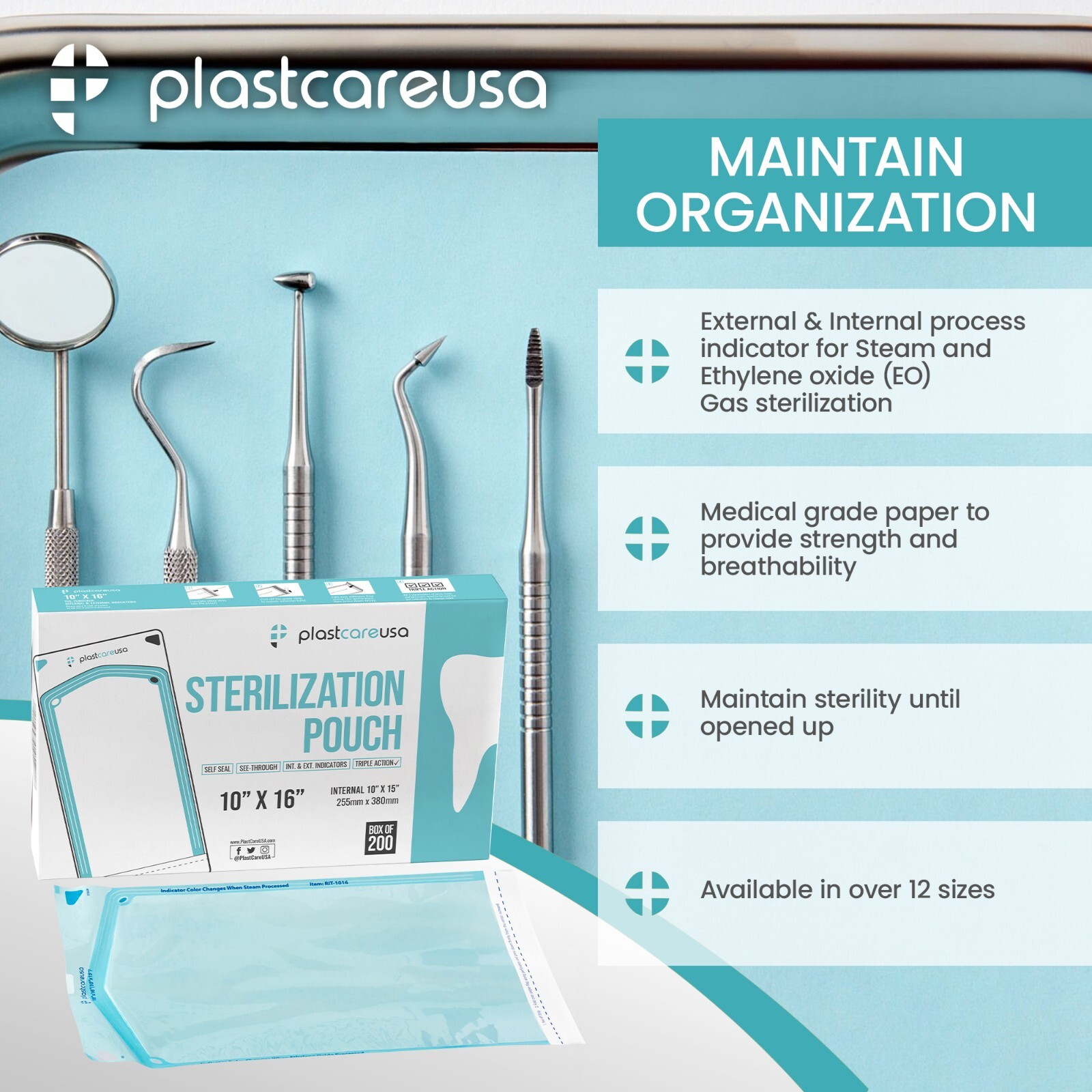 10″ x 16″ Self-Sealing Sterilization Pouches for Autoclave (1 Box of 200)