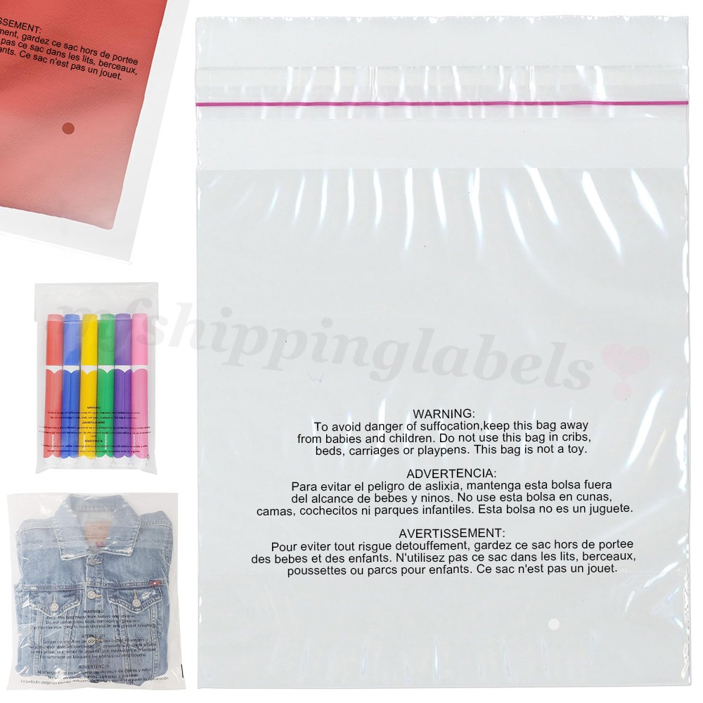 Clear Poly Bags with Suffocation Warning Self Seal Merchandise Packaging For FBA