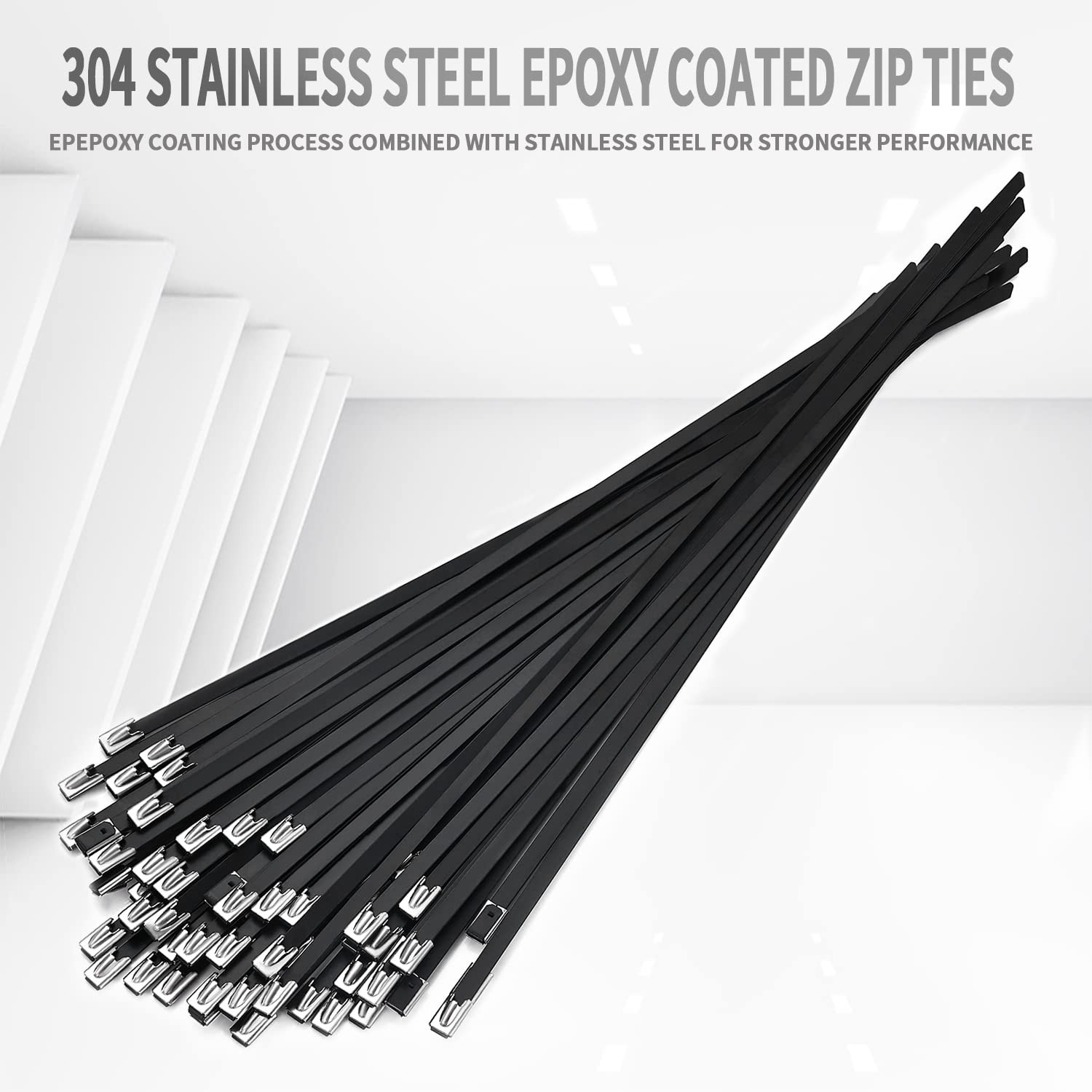 Metal Zip Ties black 100pcs 11.8 inch 304Stainless steel Epoxy Coated Cable T…